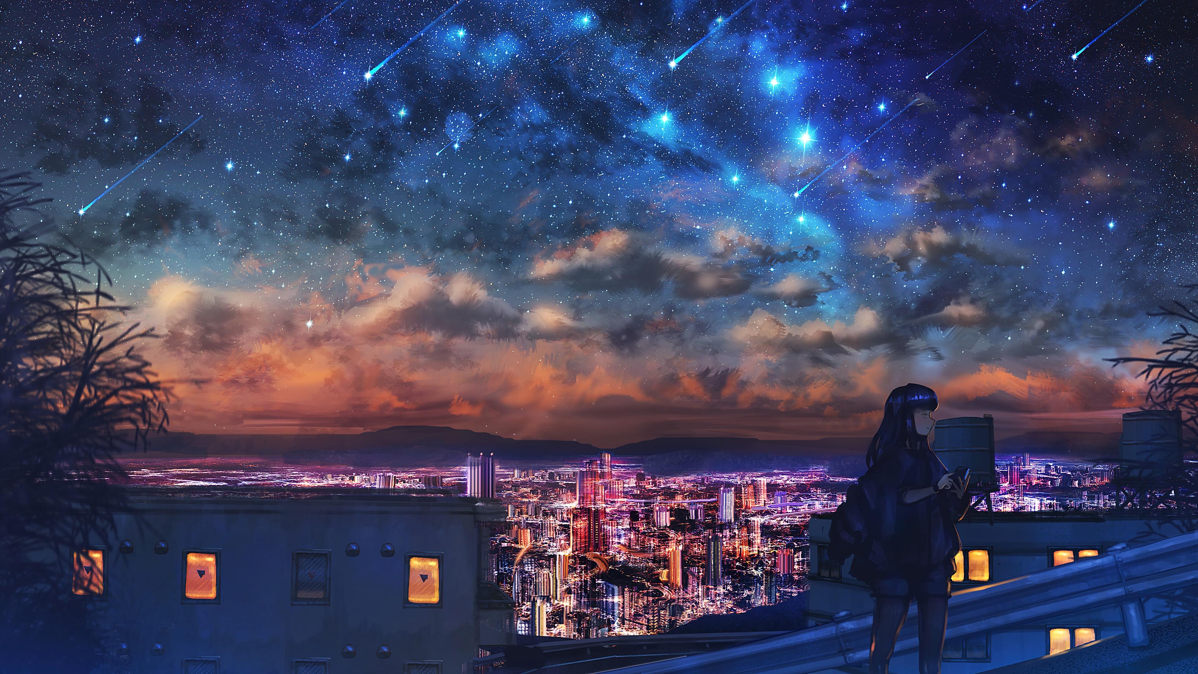 3840x2160 wallpaper, starry, night, sky, stars, city, anime, girl, 4k, HD Gallery HD Wallpaper