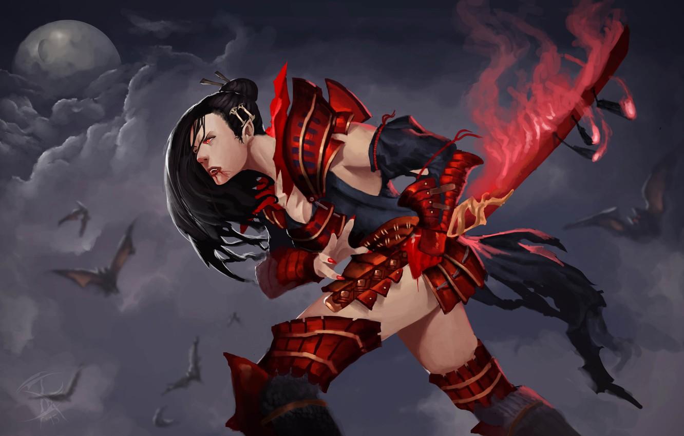 1332x850 Wallpaper night, Girl, Warrior, Samurai, Vampire, volatile myshy image for desktop, section фантастика