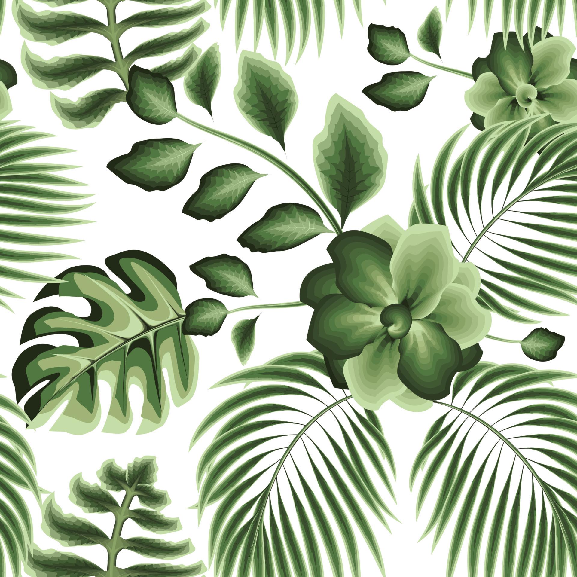 1920x1920 green natural rainforest illustration seamless pattern with tropical plant leaves and jasmine flower foliage in monochromatic style on white background. Floral wallpaper. Summer. autumn. spring. fall