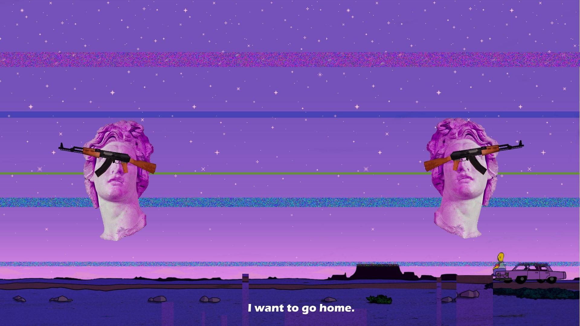 1920x1080 Vaporwave, Night Sky, Homer Simpson, Text, Statue, Glitch Art, AK 47 Gallery HD Wallpaper