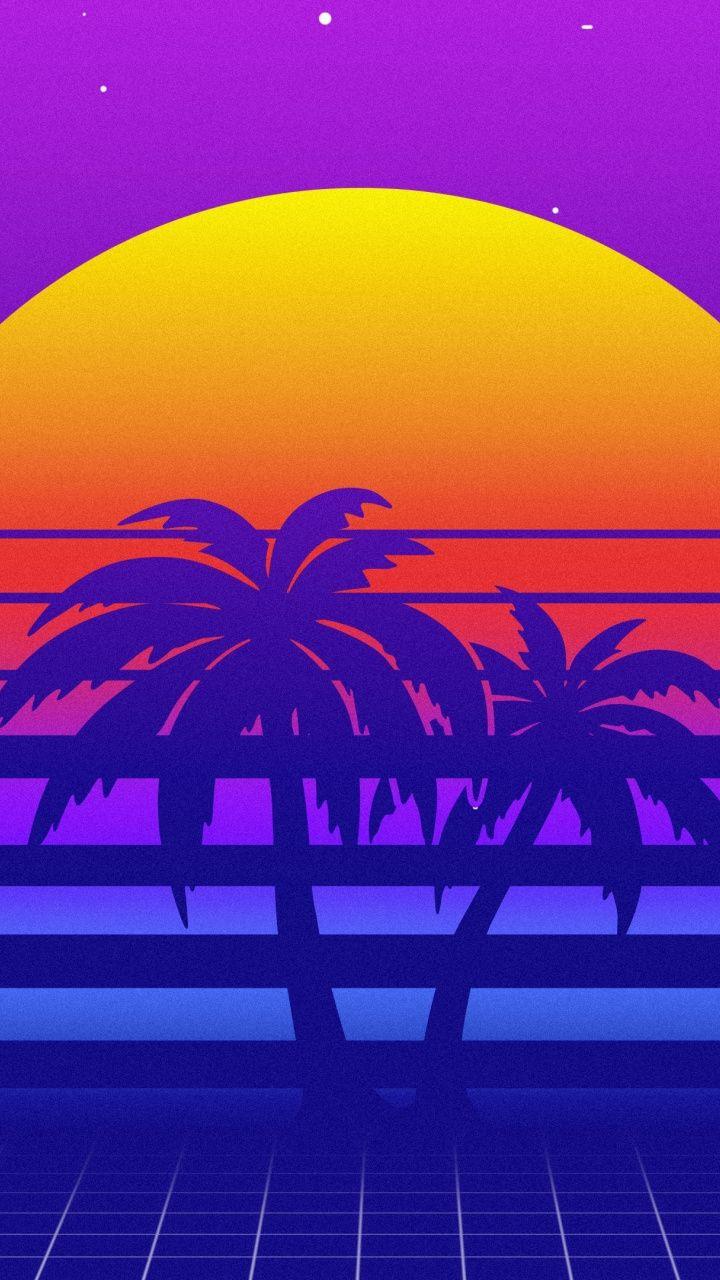 720x1280 Retro, moon, palm tree, artwork, 720x1280 wallpaper. Summer wallpaper, Cool background wallpaper, Palm tree artwork
