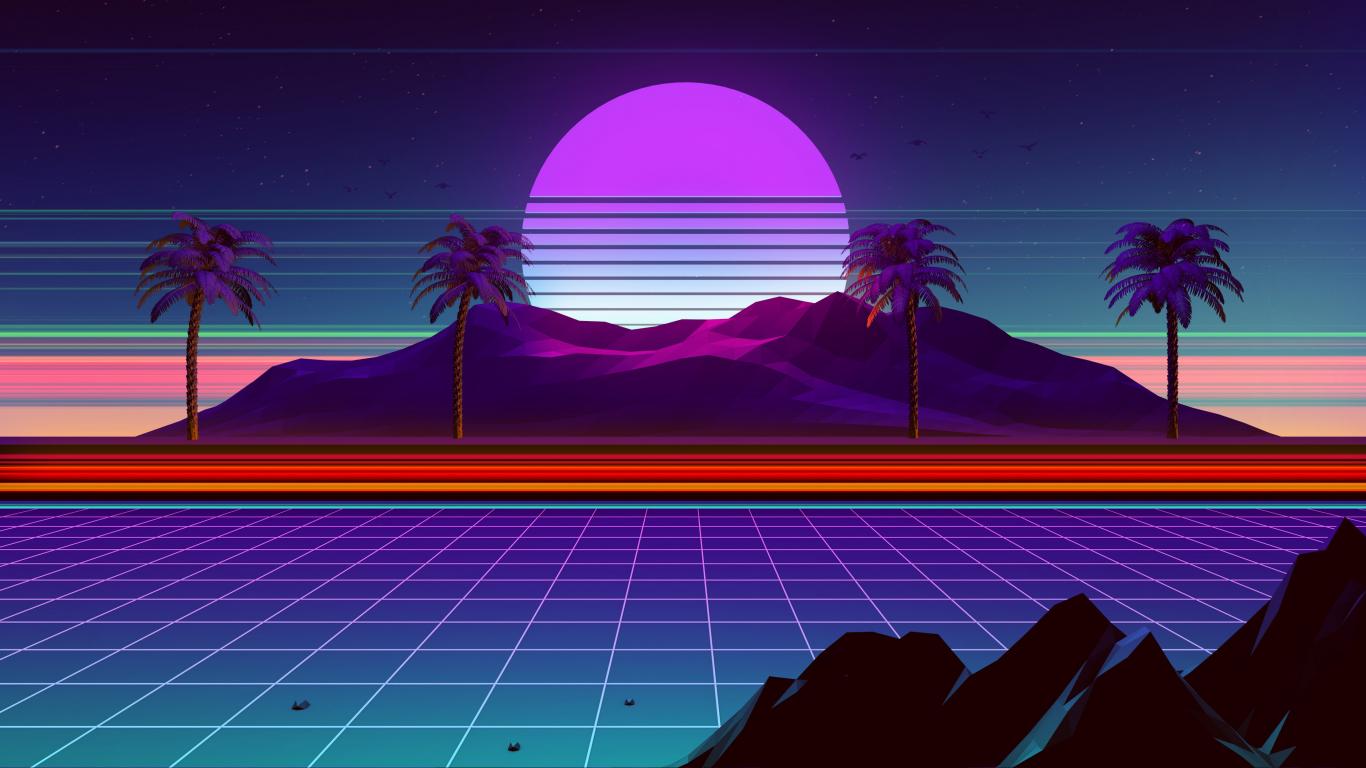 1366x768 Palm Trees Neon Artwork Sun Rays 80s Art Wallpaper For Your XFCE Desktop