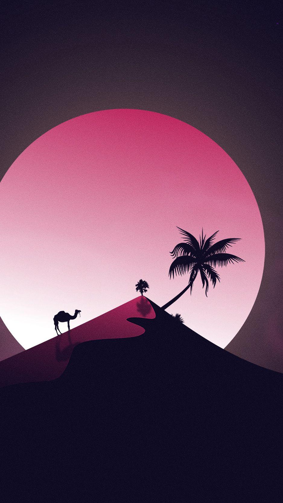 938x1668 Download Wallpaper 938x1668 Desert, Hill, Moon, Camel, Palm Tree, Art Iphone 8 7 6s 6 For Parallax HD Background
