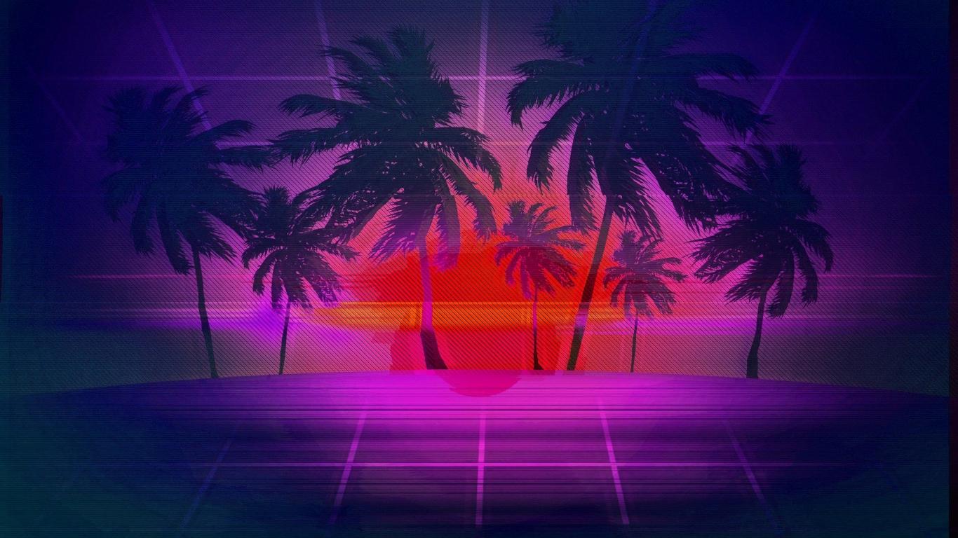 1366x768 Sunset palm tree vaporwave digital art wallpaper background