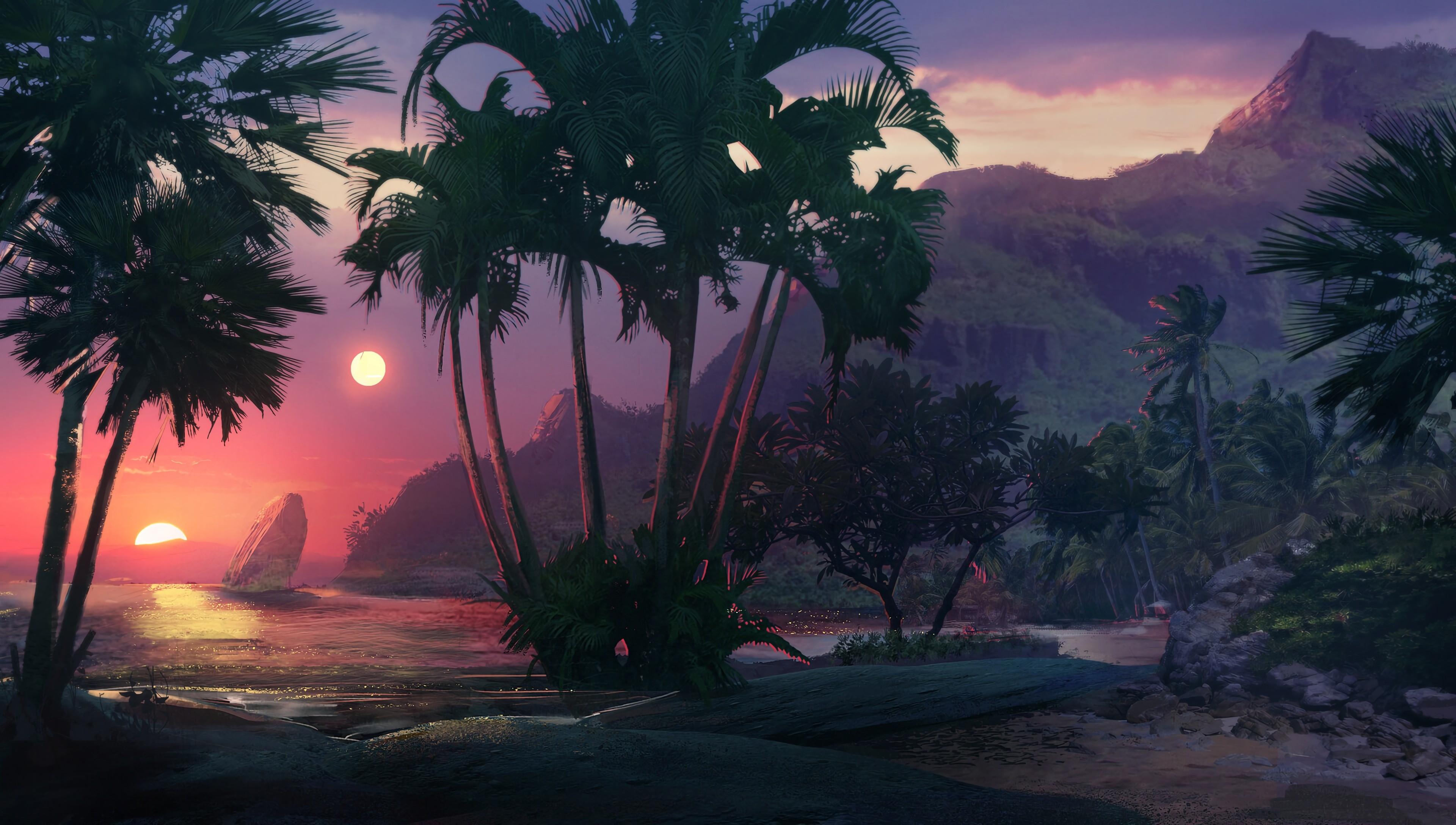 3840x2176 Wallpaper / artwork, digital art, sunset, palm trees, beach, sea free download