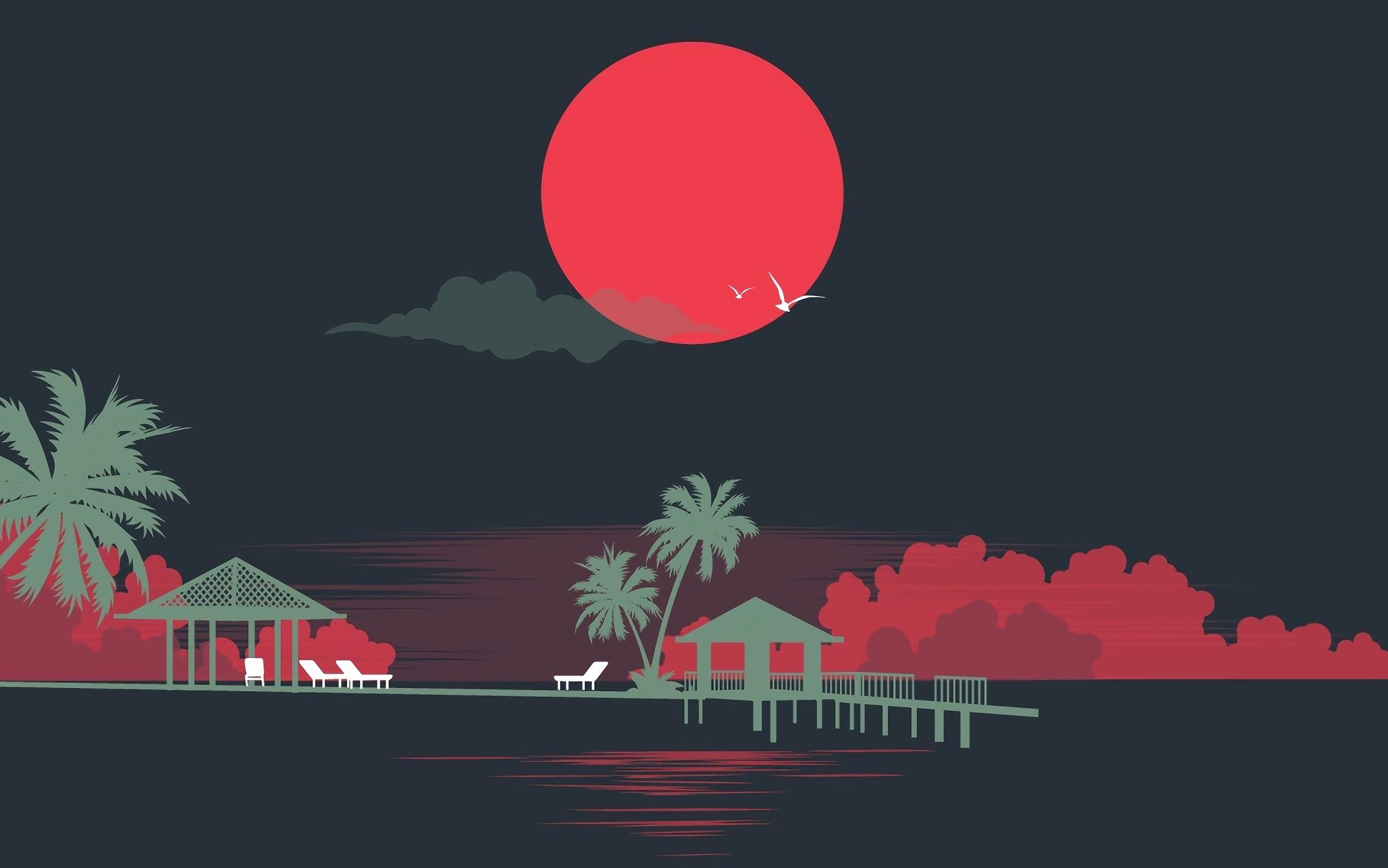 2560x1600 Wallpaper Sea, beach, tropical, palm trees, sun, birds, art picture 3840x2160 UHD 4K Picture, Image