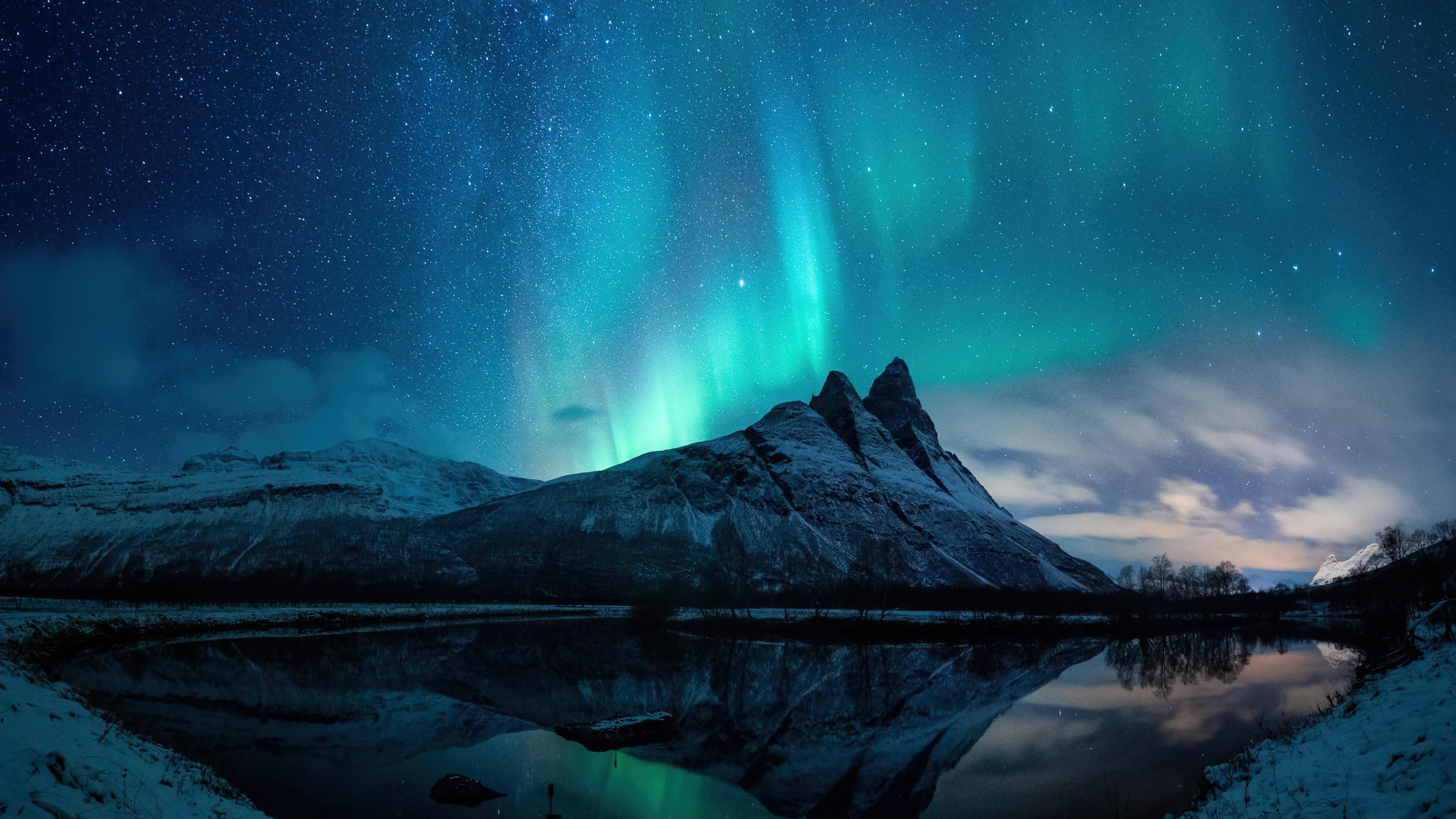 3840x2160 aurora borealis, northern lights, starry, stars, mountain, scenery, 4k, pc Gallery HD Wallpaper
