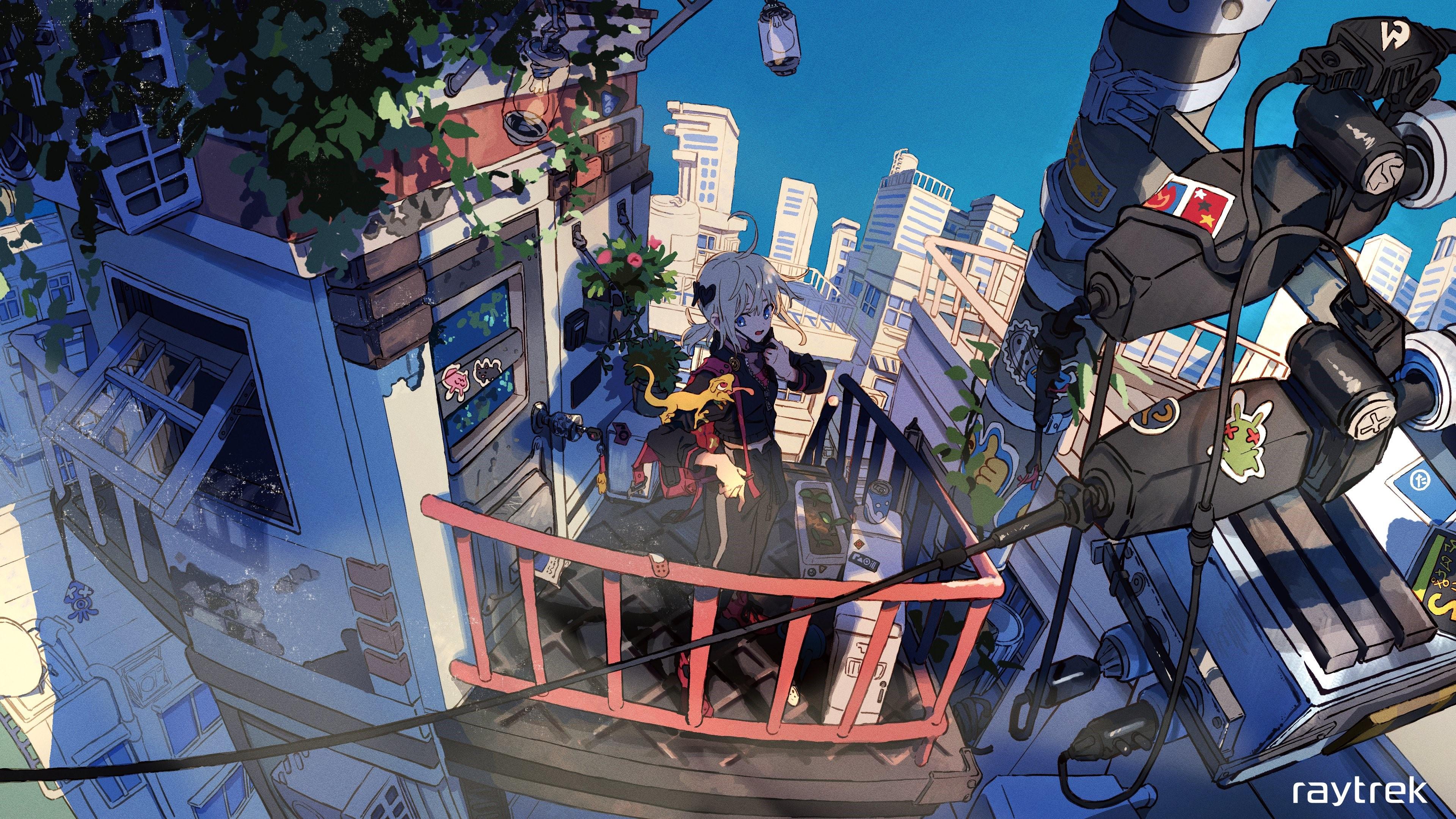 3840x2160 4K, balcony, lizards, anime city, artwork, stickers, original characters, anime girls Gallery HD Wallpaper