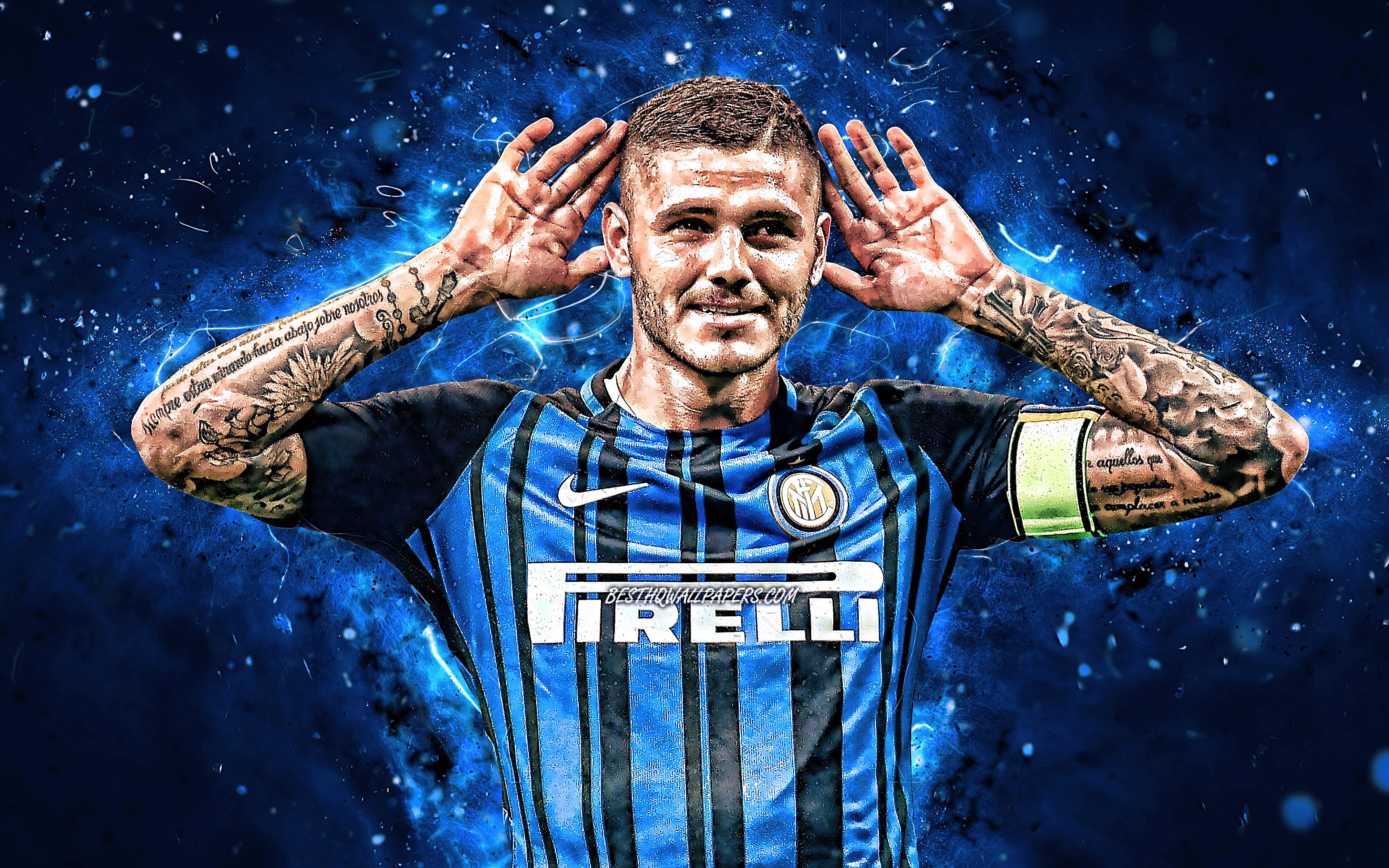 3840x2400 Download wallpaper Mauro Icardi, 4k, Internazionale FC, goal, football stars, argentine footballers, Icardi 4k, blue background, Serie A, Icardi, football, soccer, Italy, neon lights, Inter Milan FC for desktop with resolution 3840x2400