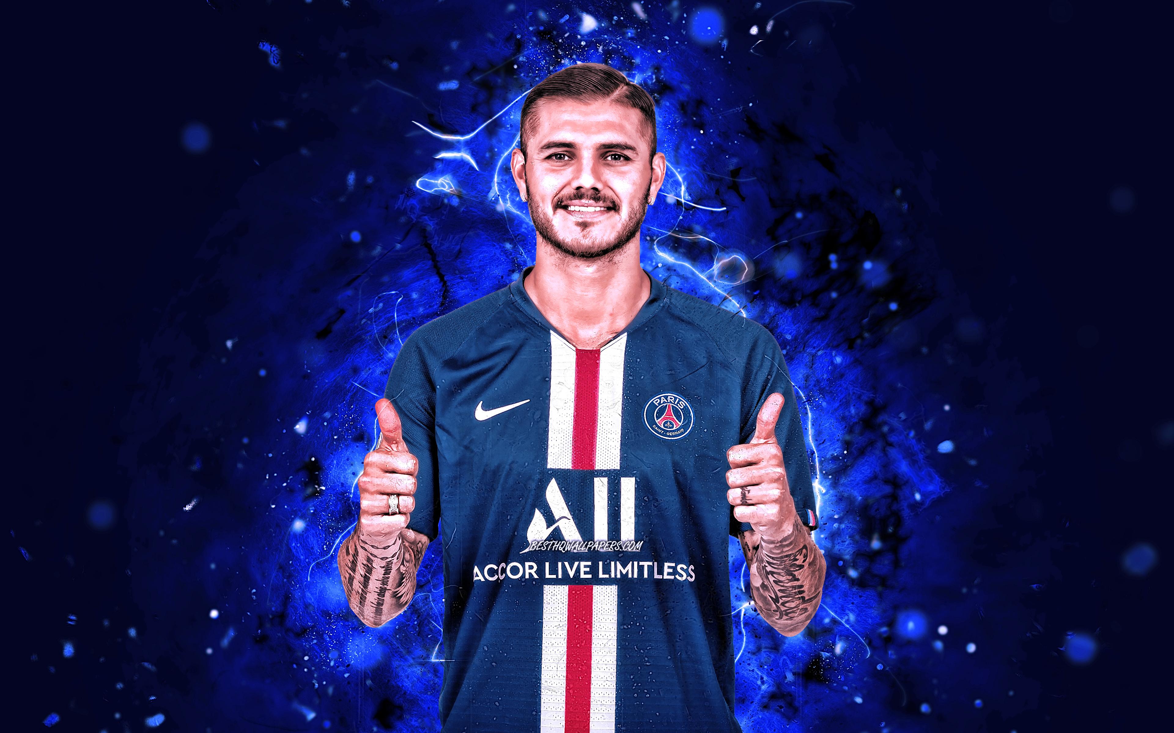3840x2400 Download Wallpaper Mauro Icardi, 4k, Season 2019 Argentine Footballers, Forward, PSG, Neon Lights, Mauro Emanuel Icardi, Soccer, Ligue Football, Paris Saint Germain, Mauro Icardi PSG For Desktop With Resolution 3840x2400. High Quality