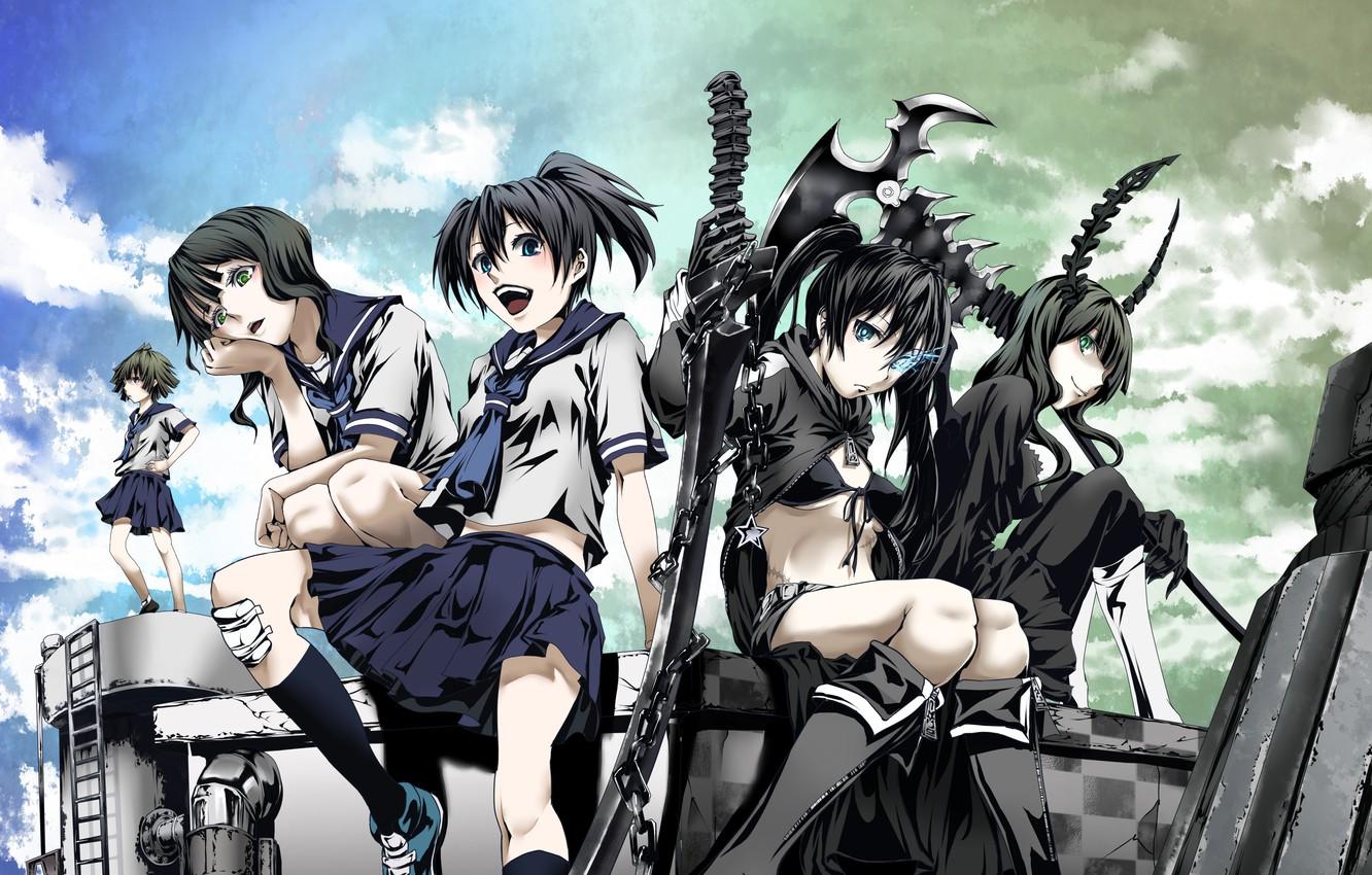 1332x850 Wallpaper the sky, clouds, weapons, girls, katana, anime, art, ladder, horns, braid, form, Schoolgirls, black rock shooter, takanashi yomi, dead master, insane black rock shooter image for desktop, section сэйнэн