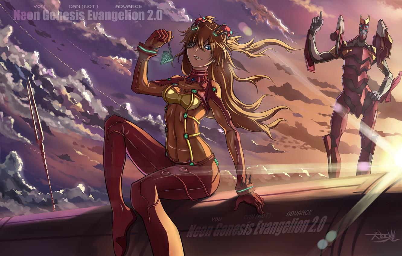 1332x850 Wallpaper the sky, girl, the sun, clouds, sunset, robot, anime, art, neon genesis evangelion, soryu asuka langley, eva touhou ryuusei seinen image for desktop, section прочее