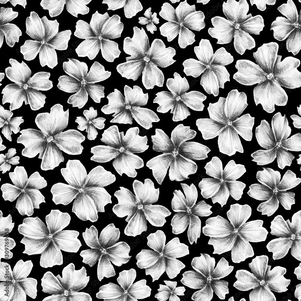 1000x1000 Pencil drawing floral seamless pattern. Many different size silver abstract flowers on black background. Vintage gray colored template for design, banner, ceramic tile, glass mosaic, wallpaper. Stock Illustration