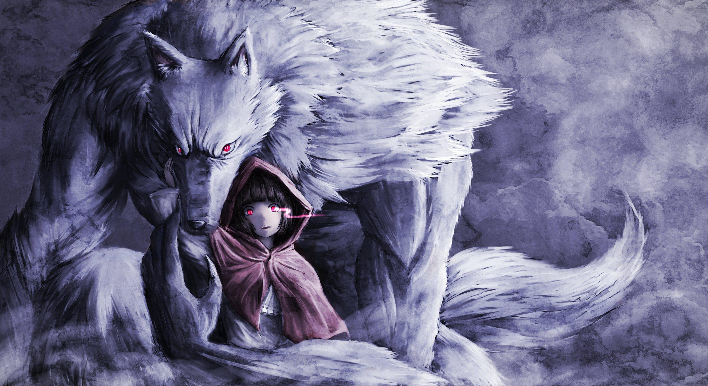 2970x1620 animal, Black, Hair, Fang, Little, Red, Riding, Hood, Namacotan, Original, Red, Eyes, Short, Hair, Wolf Wallpaper HD / Desktop and Mobile Background