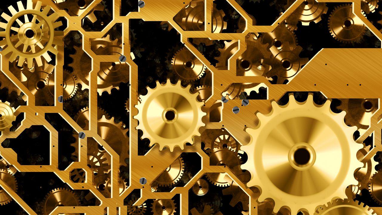 1280x720 Download wallpaper 1280x720 mechanism, gears, gold hd, hdv, 720p HD background
