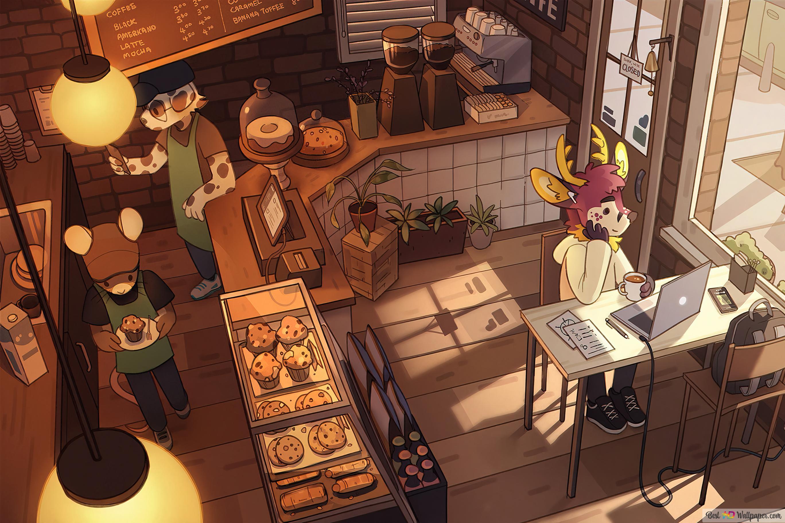 2736x1824 Lofi Cafe Studying Art 4K wallpaper download