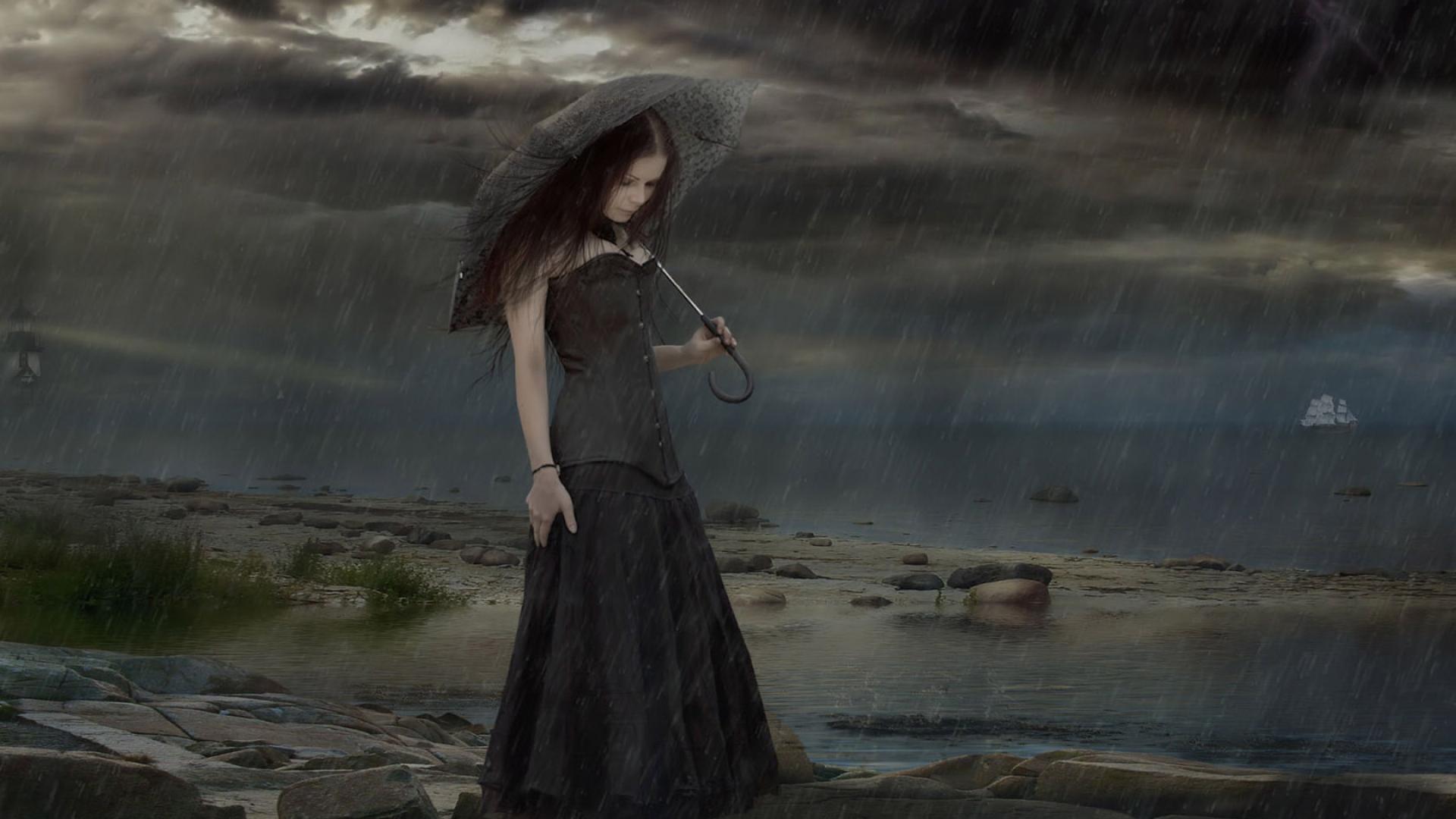 1920x1080 Wallpaper girl, umbrella, rain, grief, sea, clouds