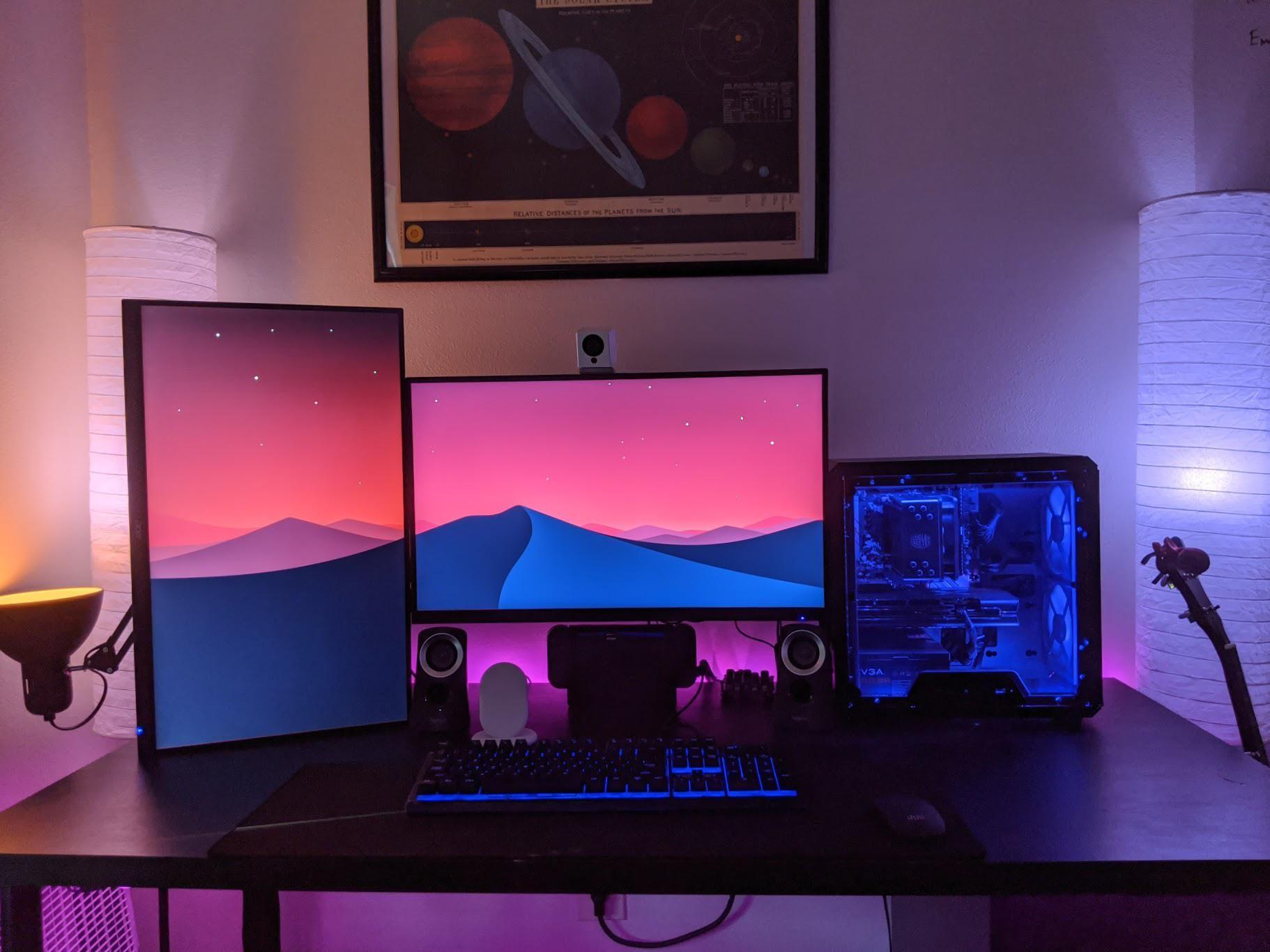 1822x1366 Very happy with how I've gotten my wallpaper to line up across displays. Gaming room setup, Computer setup, I wallpaper