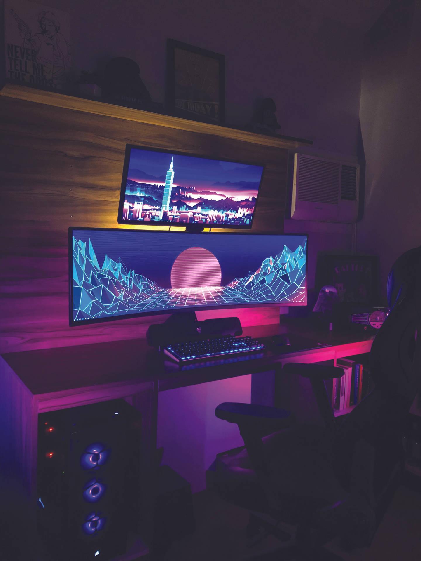 1440x1920 Download Gaming Room Ultrawide Stacked Monitors Wallpaper