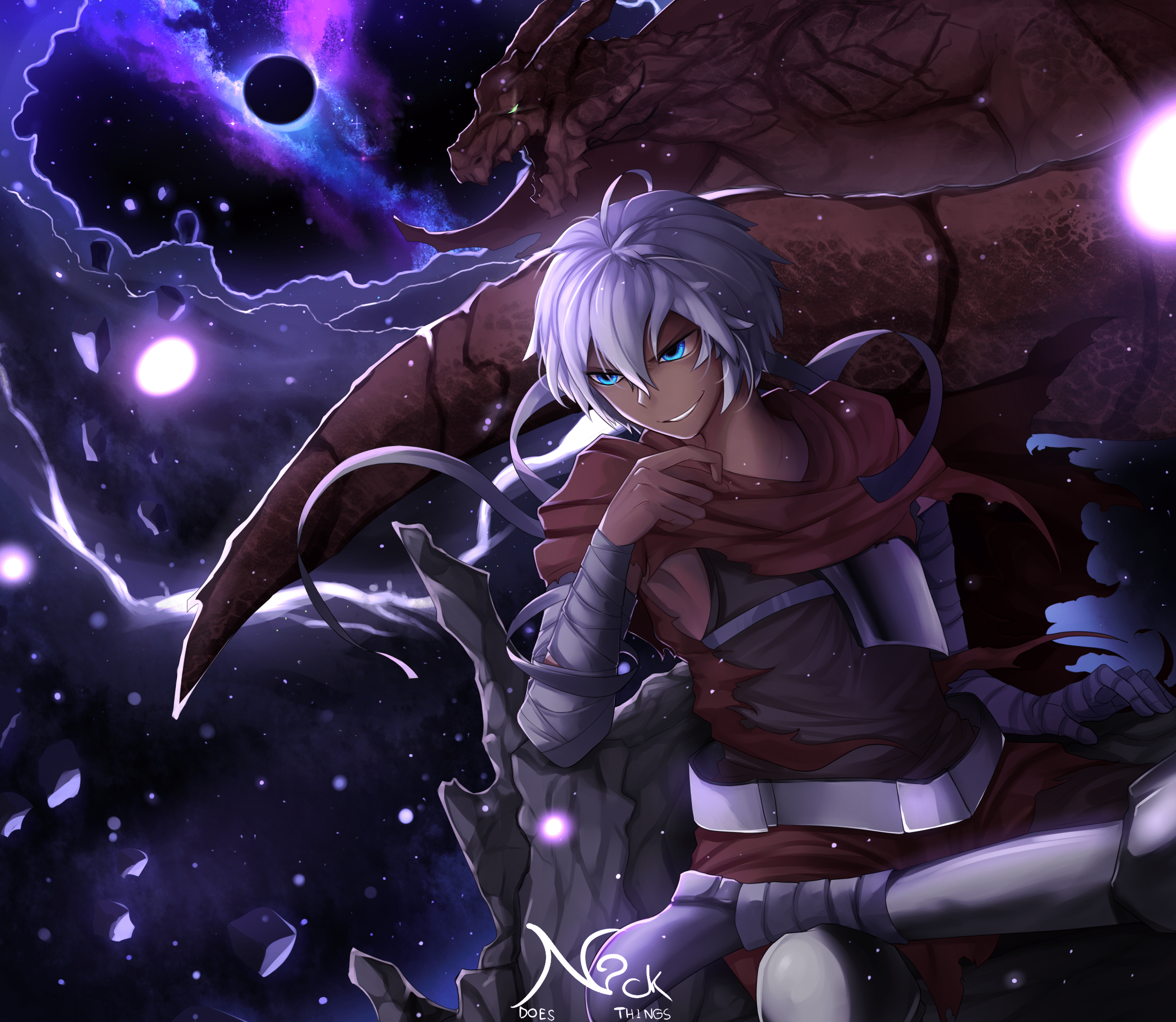 2500x2172 White Hair, Guy, Blue Eyes, Boy, Dragon Gallery HD Wallpaper