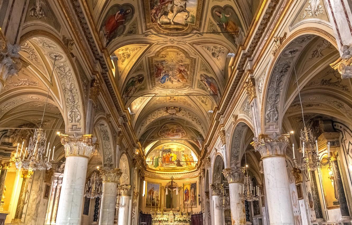 1332x850 Wallpaper Italy, columns, architecture, religion, painting, Portofino, the nave, the Church of San Martino image for desktop, section интерьер