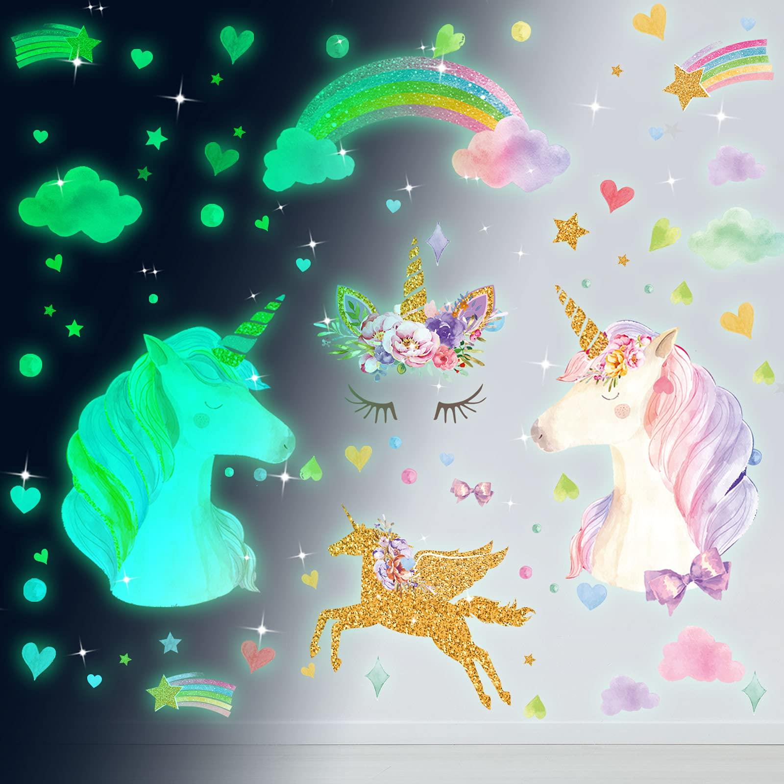 1600x1600 Glow in the Dark Stars Glowing Unicorn Wall Decals Glowing Unicorn Wall Mural Stickers with Unicorn Star Rainbow Flower Heart Clouds Bubbles Room Decor for Girls Bedroom Ceiling Baby Home Kid