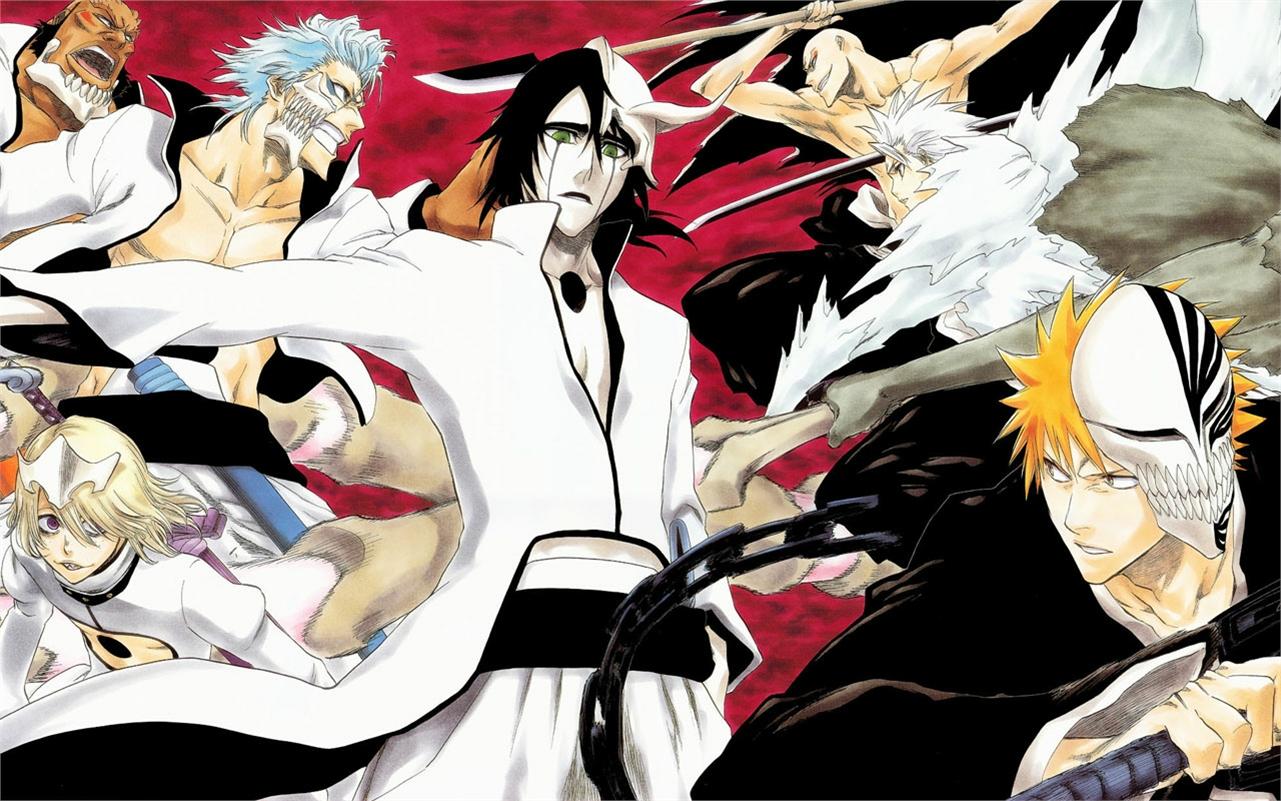 1281x801 HD desktop wallpaper: Anime, Bleach, Ichigo Kurosaki, Ulquiorra Cifer, Ikkaku Madarame, Tōshirō Hitsugaya, Grimmjow Jaegerjaquez, Yammy Llargo, Wonderweiss Margela download free picture