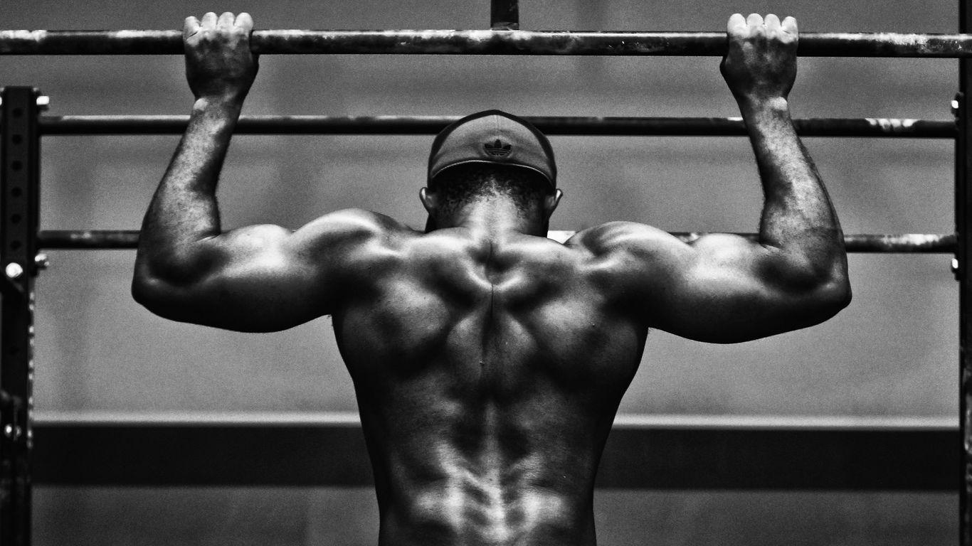 1366x768 Download Wallpaper 1366x768 Pull Ups, Man, Workout, Bw, Muscle, Athlete, Horizontal Bar Tablet, Laptop HD Background