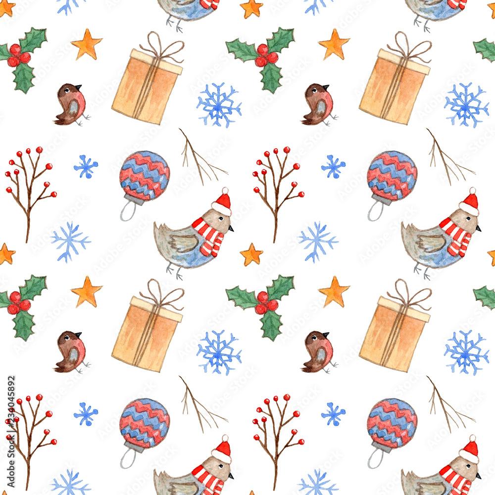 1000x1000 Cute white Christmas seamless pattern with watercolor birds, branches, giftbox, holly and snowflakes. Funny winter holiday texture for textile, wrapping paper, wallpaper, new year decor Stock Illustration