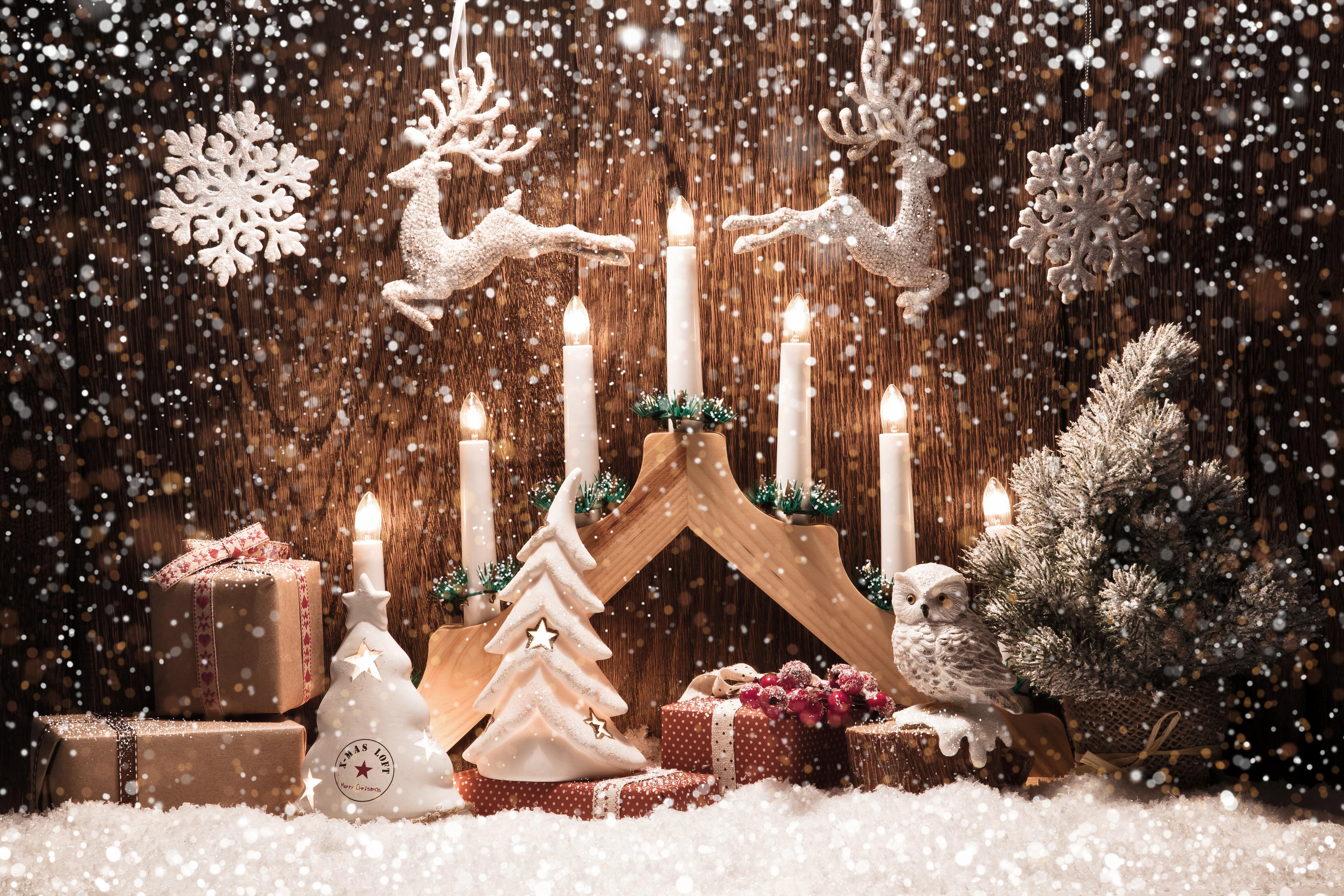 5616x3744 4K, 5K, Holidays, Christmas, Candles, Deer, Birds, Snowflakes, Snow, Gifts Gallery HD Wallpaper