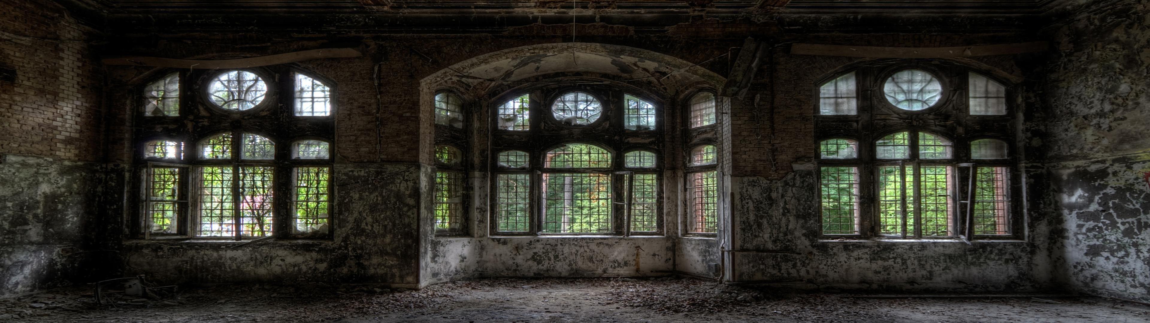 3840x1080 Dual Screen Buildings Interior Window Panes Abandoned Multiscreen