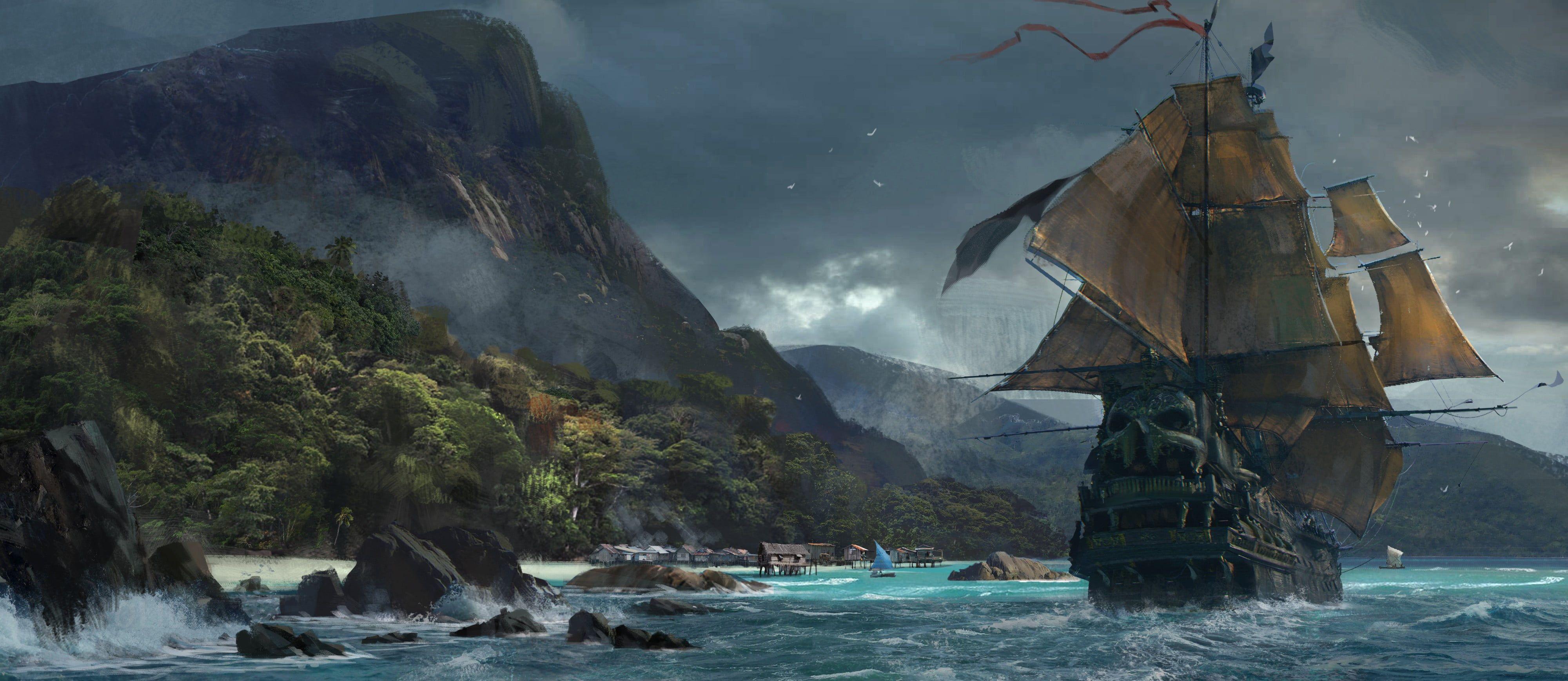 4000x1738 sake #game #sea #pirate #island pirate ship #wave #ship #vegetation #kaizoku Skull and Bones K #w. Цифровые обои, Концептуальное искусство, Египетские пирамиды