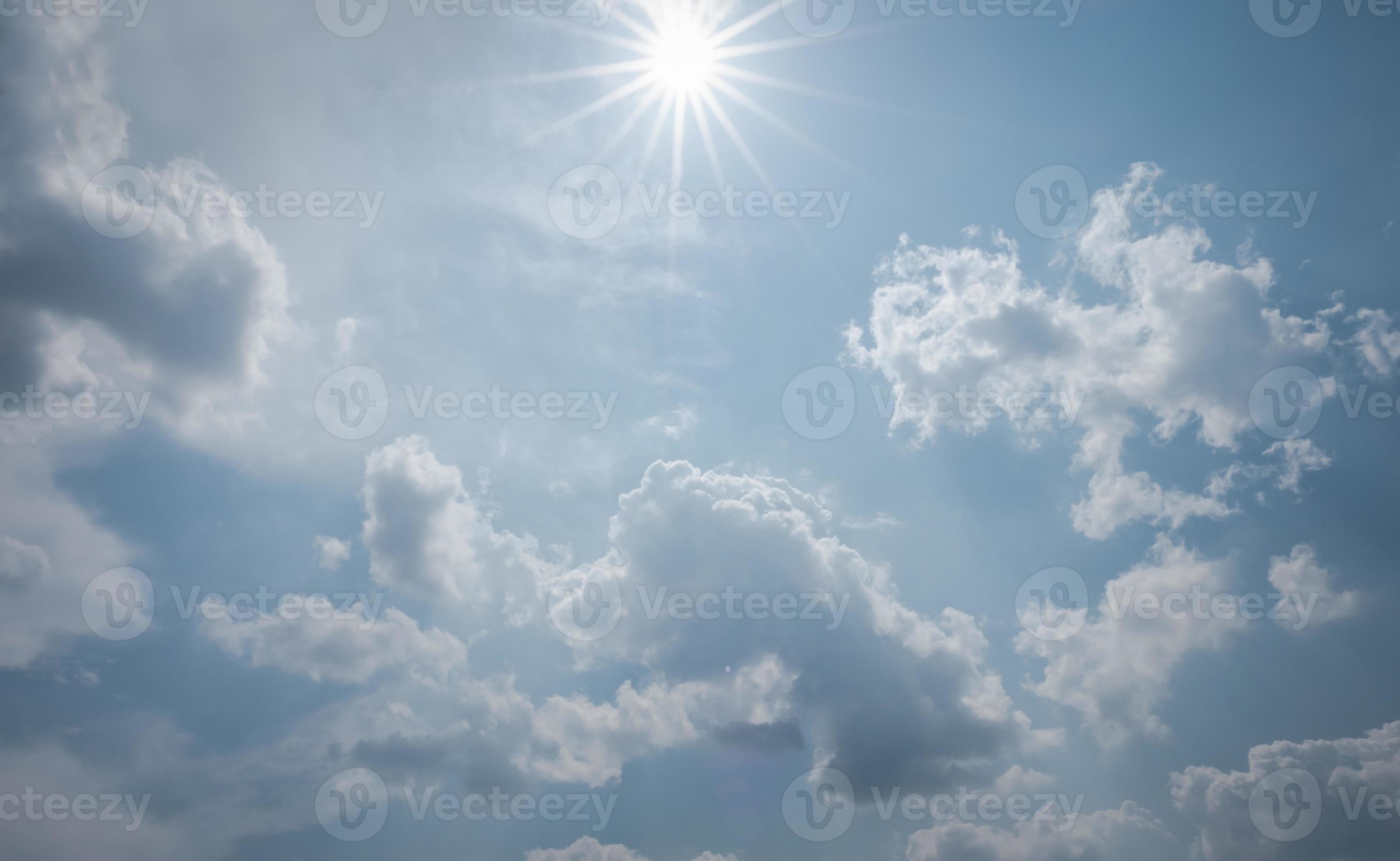 3188x1960 Beautiful blue sky bright midday sun with fluffy clouds. Summer sunshine with white cloudscape background. Natural scenic sunny day horizon sky wallpaper backdrop