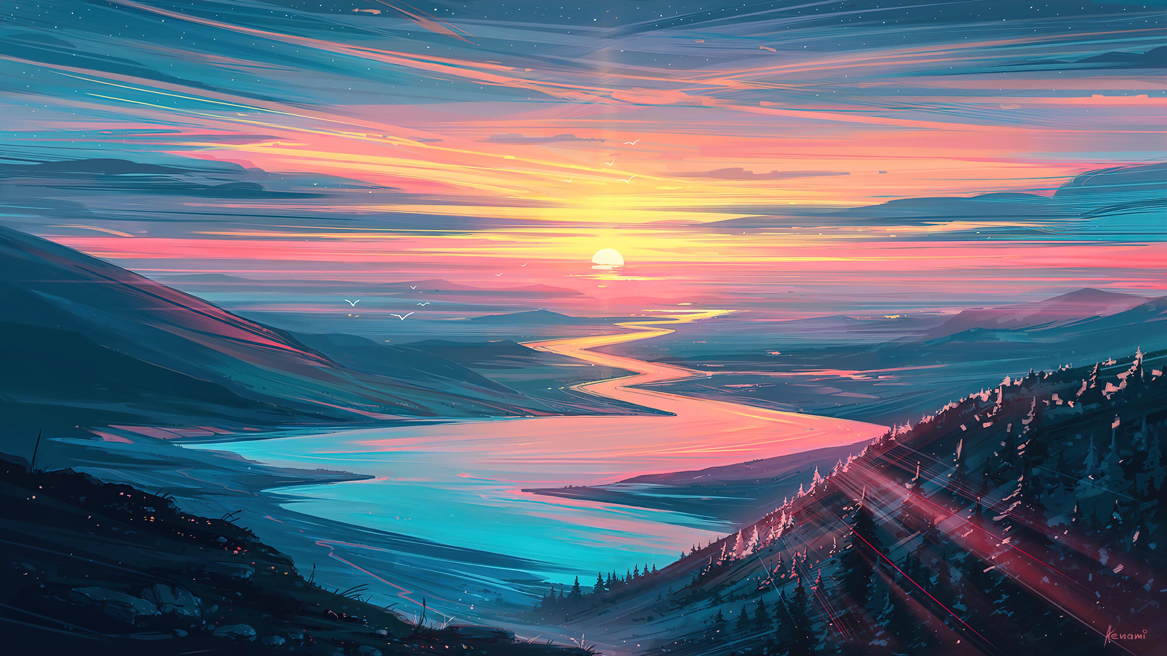 3840x2160 sunset, scenery, river, digital art, 4k, pc Gallery HD Wallpaper