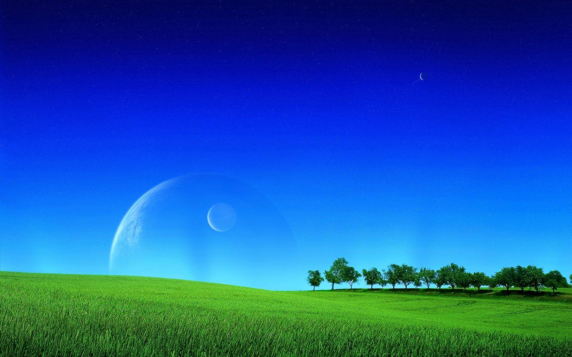 1920x1200 Download wallpaper 1920x1200 grass, greens, field, lawn, sky, planets, space HD background