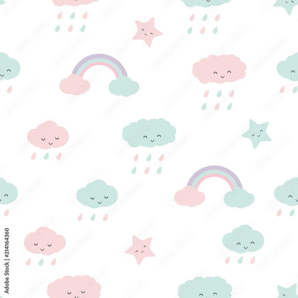 1000x1000 Cute adorable pastel baby cloud and rainbow cartoon seamless pattern background wallpaper Stock Vector
