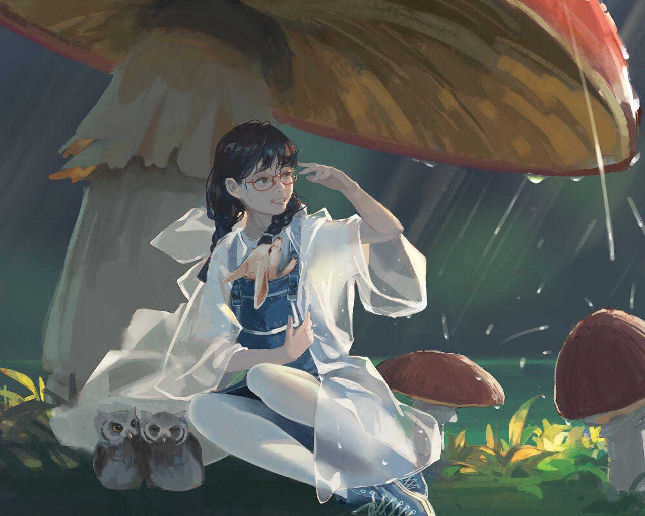 1280x1024 Download wallpaper 1280x1024 girl, rain, art, mushrooms, animals standard 5:4 HD background