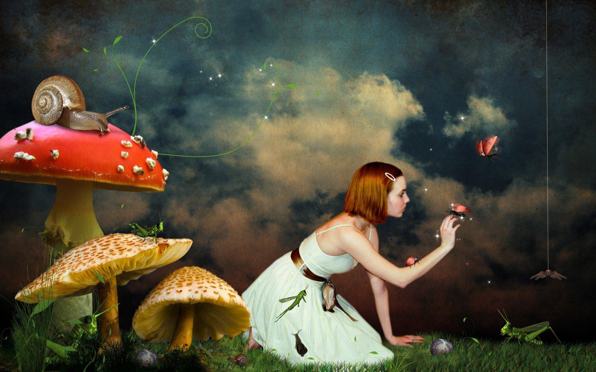 1920x1200 women, Redheads, Mushrooms, Fantasy, Art, Snails, Spiders, Ladybirds Wallpaper HD / Desktop and Mobile Background