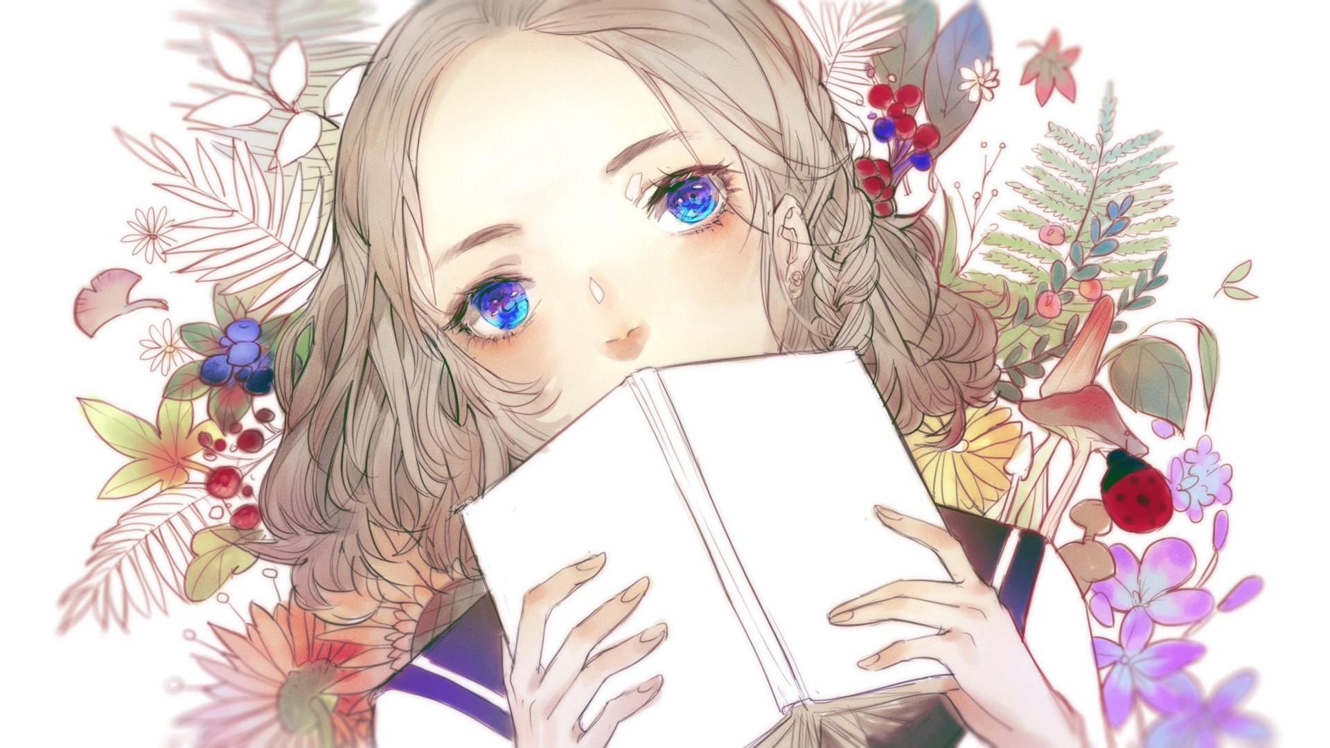 1920x1080 blonde, white background, earrings, anime girls, sailor uniform, mushroom, ladybugs, blue eyes, books, short hair, anime, flowers Gallery HD Wallpaper