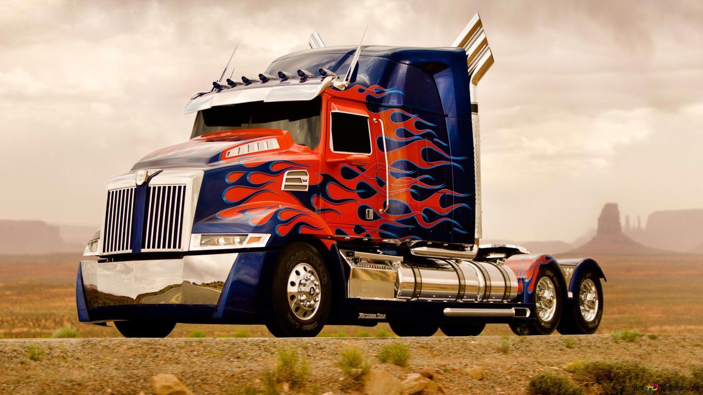 1366x768 Flame pattern and blue truck in fog and nature landscape 2K wallpaper download