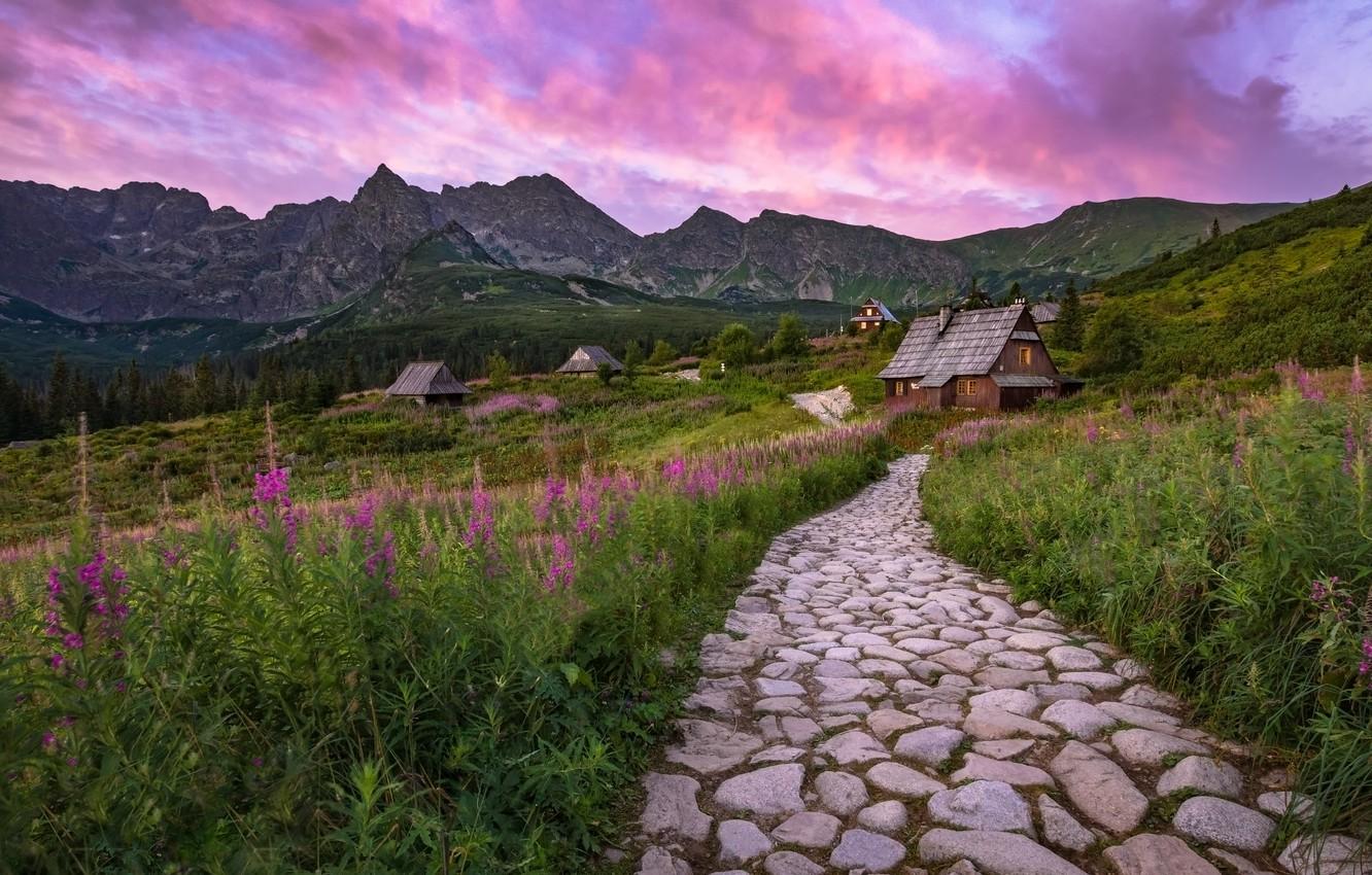 1332x850 Wallpaper landscape, mountains, nature, dawn, home, morning, valley, Poland, track, grass, Tatras, Gasienicowa Valley image for desktop, section пейзажи
