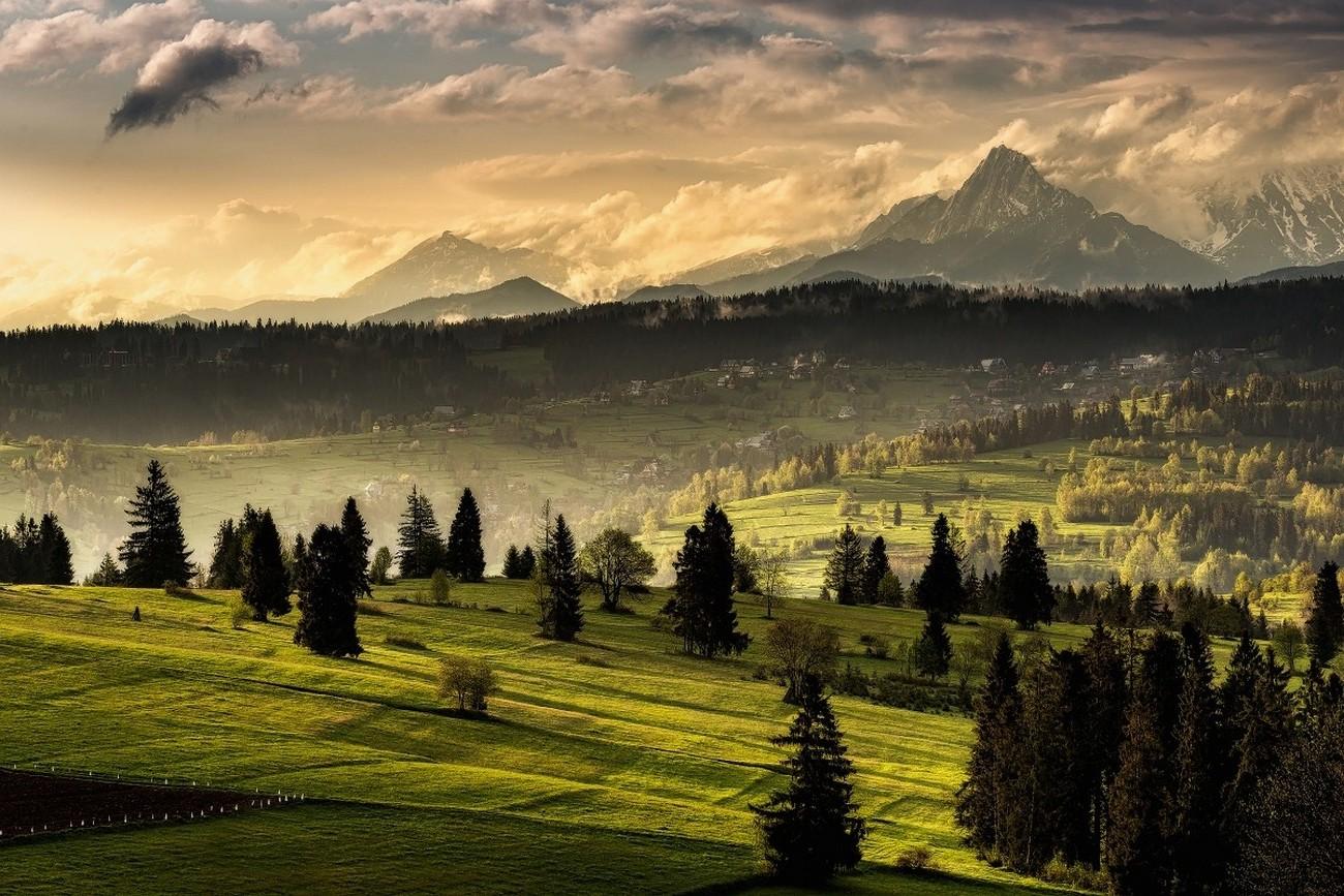 1300x867 nature, Landscape, Tatra Mountains, Forest, Grass, Mist, Clouds, Village, Snowy Peak, Slovakia Wallpaper HD / Desktop and Mobile Background