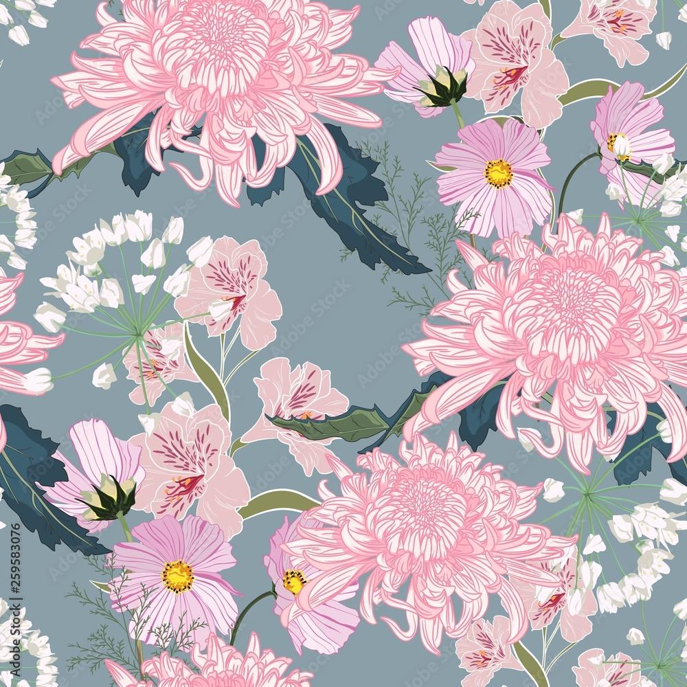 1000x1000 Seamless floral pattern. Pink Japanese national flower chrysanthemum and herbs. Illustration luxury design, textiles, paper, wallpaper, curtains, blinds. Vintage blue background. Stock Illustration