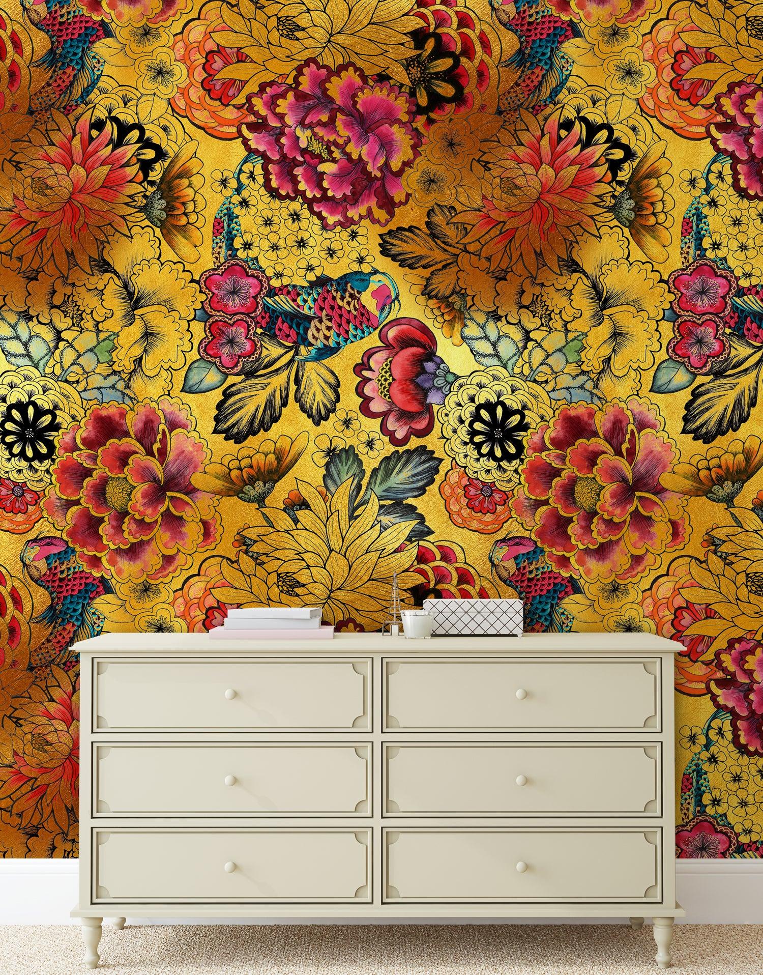 1500x1916 Japanese Art Koi Fish Peel and Stick Wallpaper. Gold Flowers Backgroun