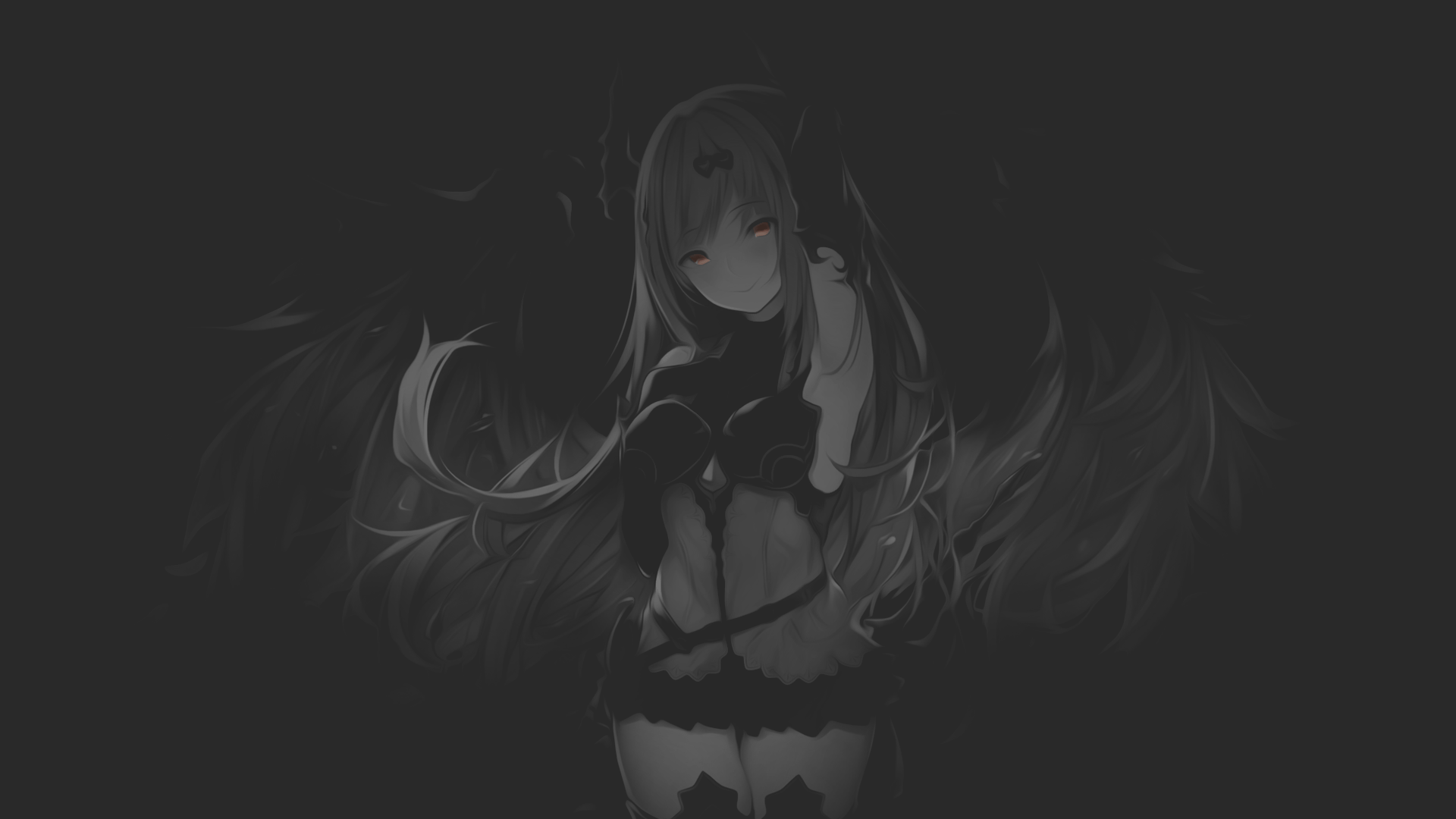 1920x1080 Wallpaper / anime, anime girls, fan art, Dark Angel, wings, armor, illustration, monochrome, minimalism, selective coloring, dark background, Shingeki no Bahamut, manga, demon girl, Suzuame Yatsumi, Granblue Fantasy free download