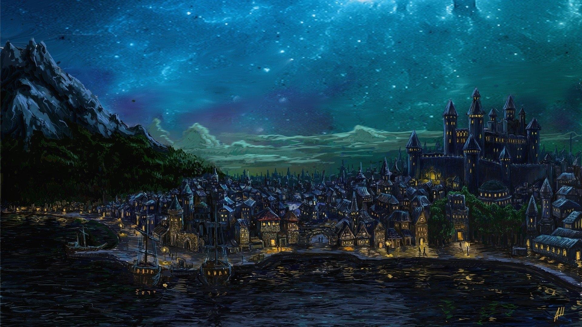 1920x1080 Wallpaper / arts, fantasy, bay, dark, city free download