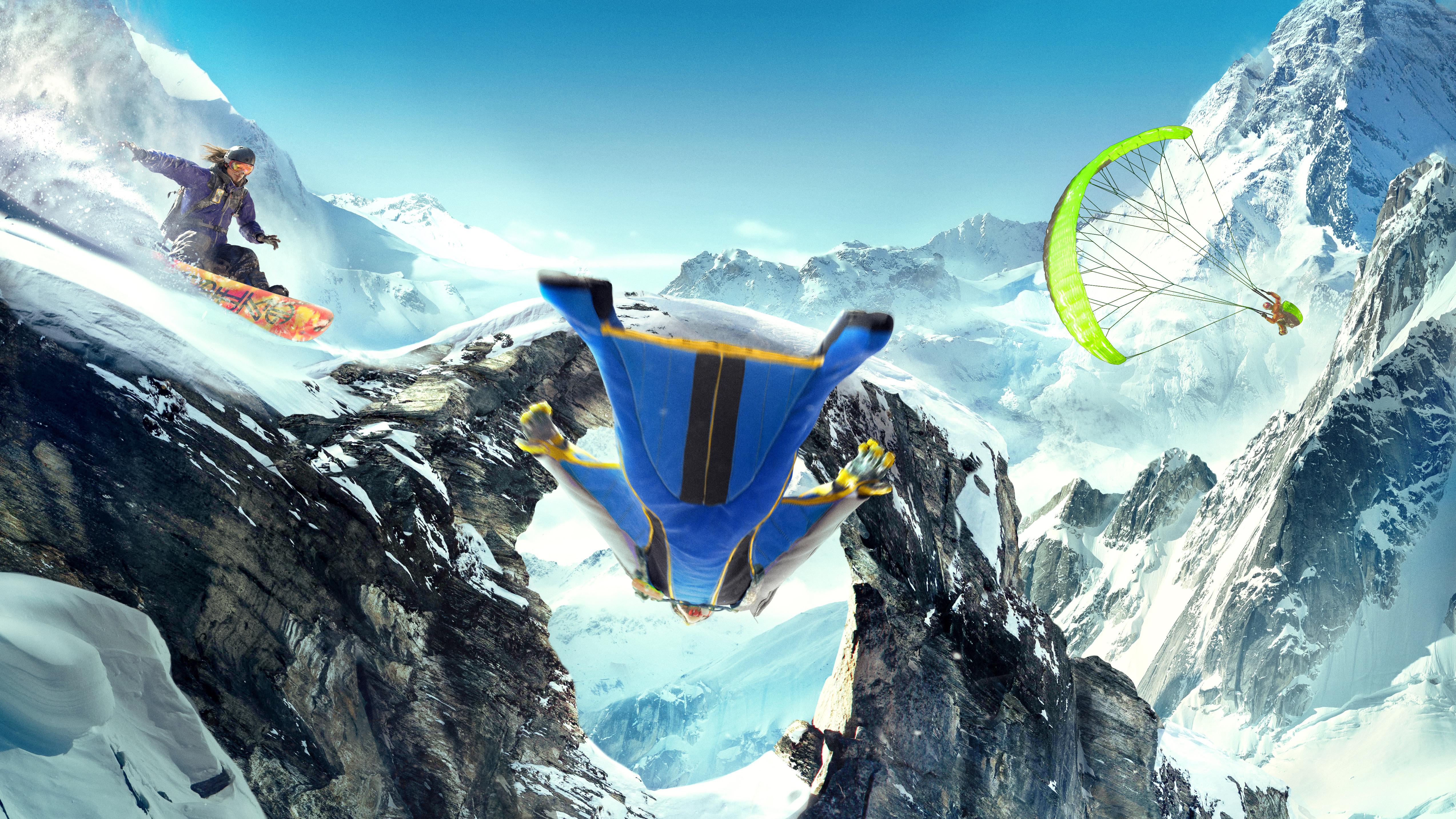 5094x2865 Steep, Wingsuit Flying, Snowboarding, 5K, Paragliding Gallery HD Wallpaper
