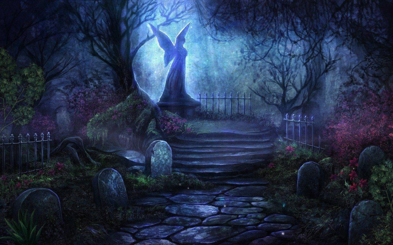 1280x800 Download Enchanted Graveyard With Fairy Statue Wallpaper