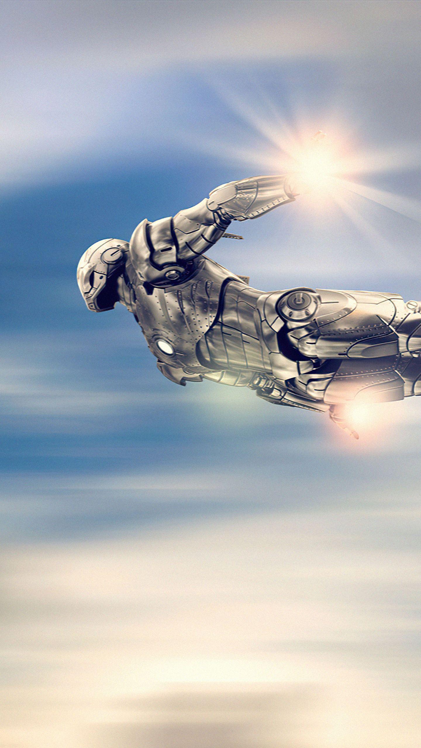 1440x2560 Iron Man Silver Suit Flying Wallpaper
