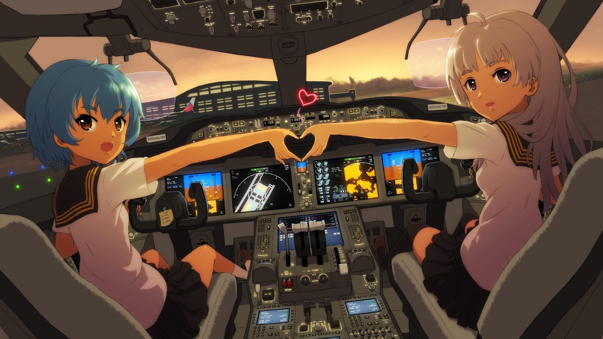 1920x1080 Wallpaper / anime, anime girls, aircraft, flight suits, uniform, cockpit, short hair, long hair, blue hair, white hair, purple eyes, shirt, skirt, heart, sitting, looking back free download